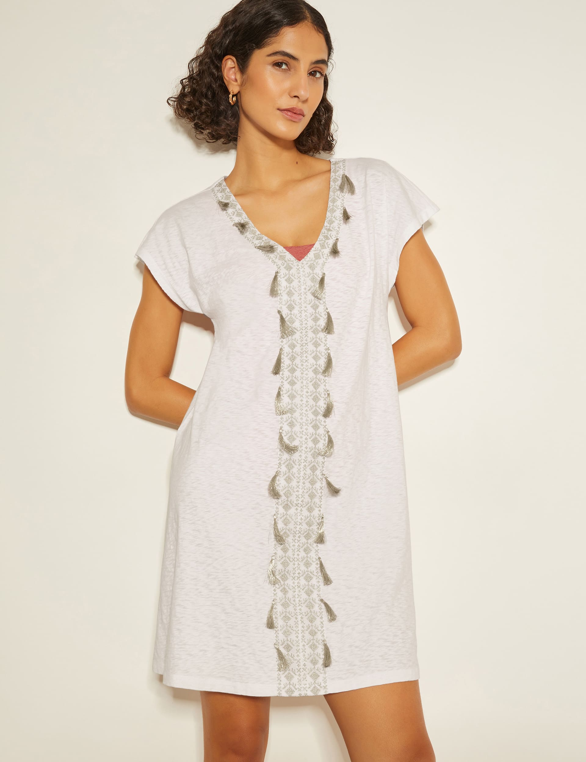 Monsoon Women's Pure Cotton V-Neck Knee Length Kaftan Dress - White, Pink,White