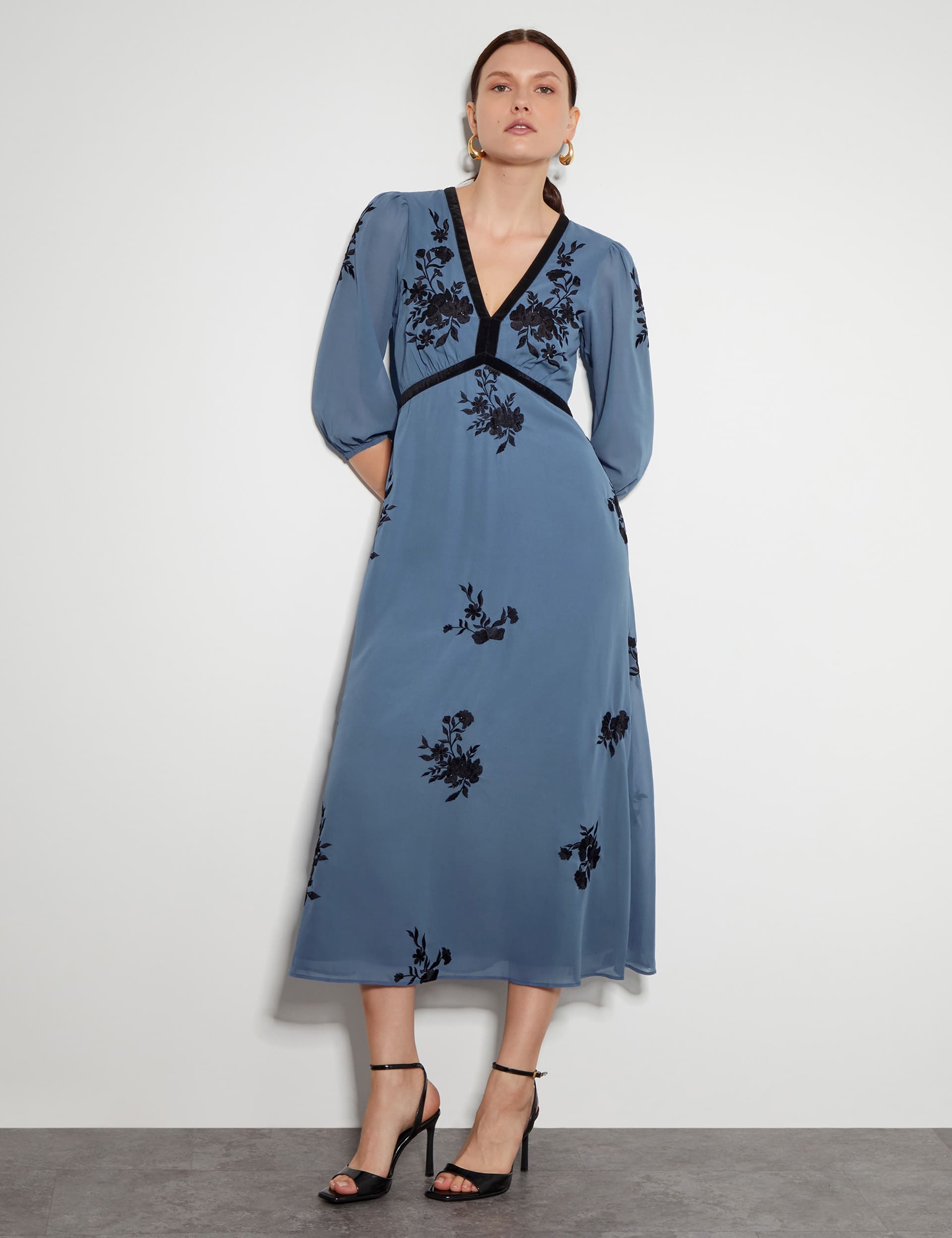 Monsoon Women's Embroidered Floral V-Neck Midi Tea Dress - 16 - Blue Mix, Blue Mix