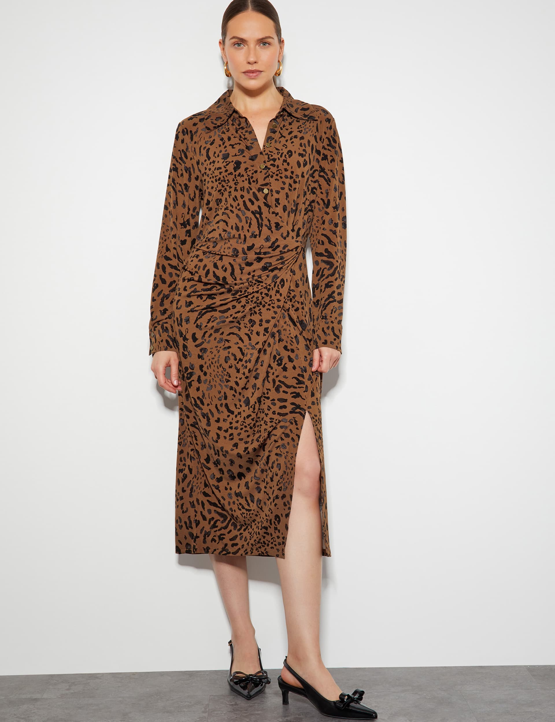 Monsoon Women's Jersey Animal Print Midi Shirt Dress - 8 - Brown Mix, Brown Mix