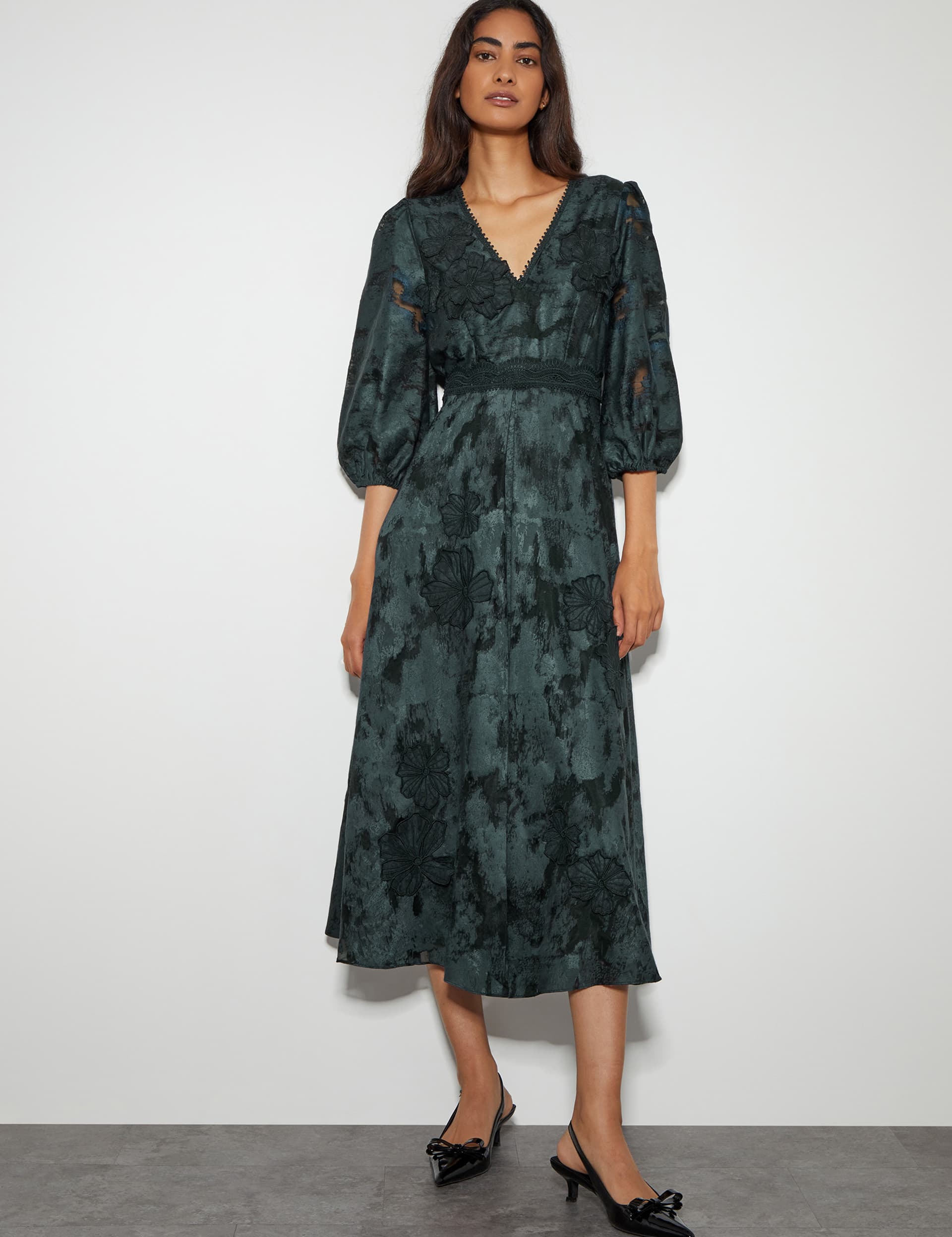 Monsoon Women's Embellished V-Neck Frill Detail Midi Tea Dress