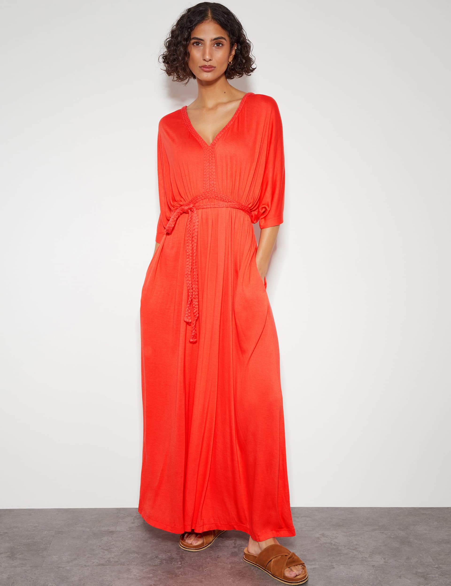 Monsoon Women's Jersey V-Neck Tie Waist Maxi Smock Dress - Coral, Coral