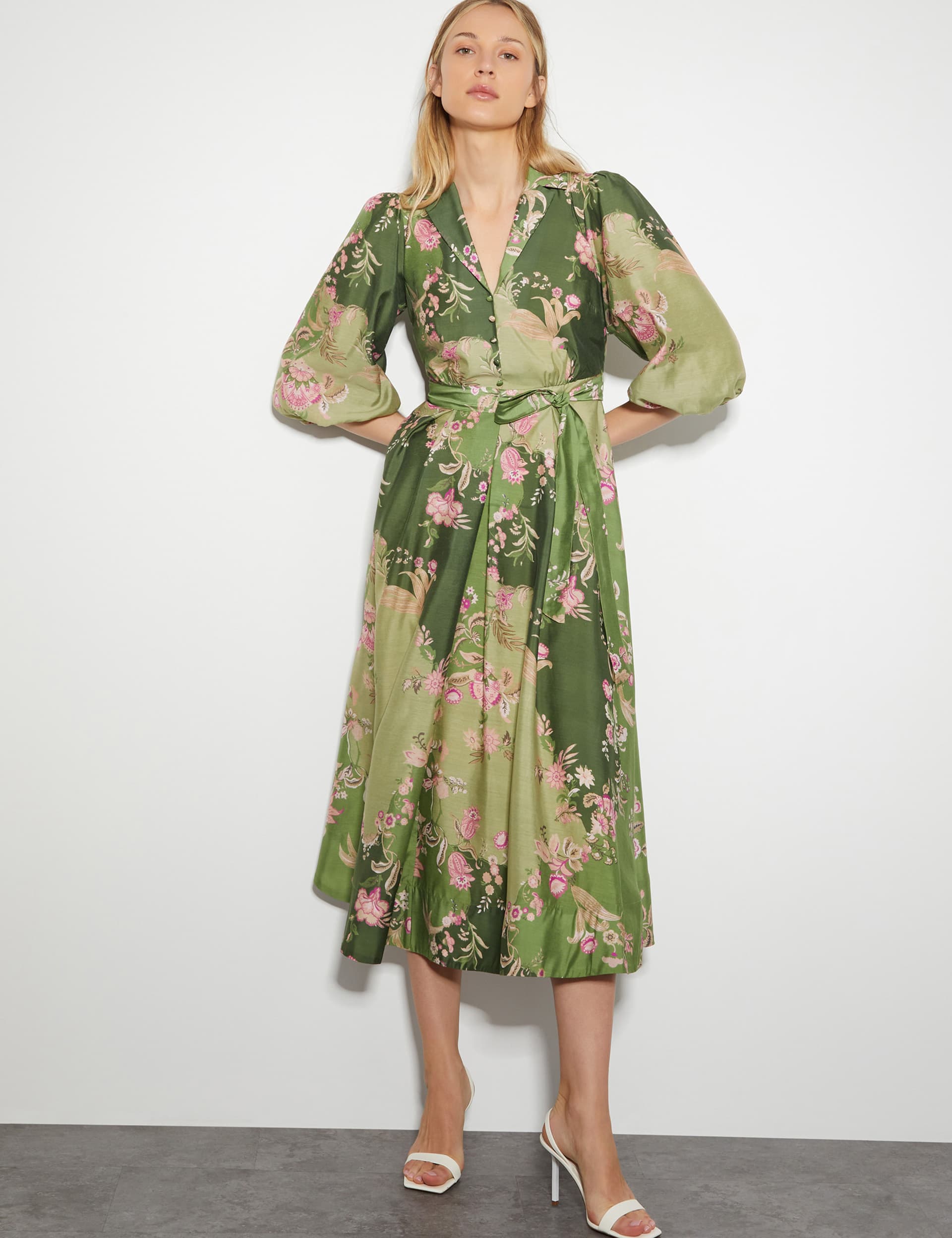 Monsoon Women's Satin Floral Belted Midi Shirt Dress - 14 - Green Mix, Green Mix