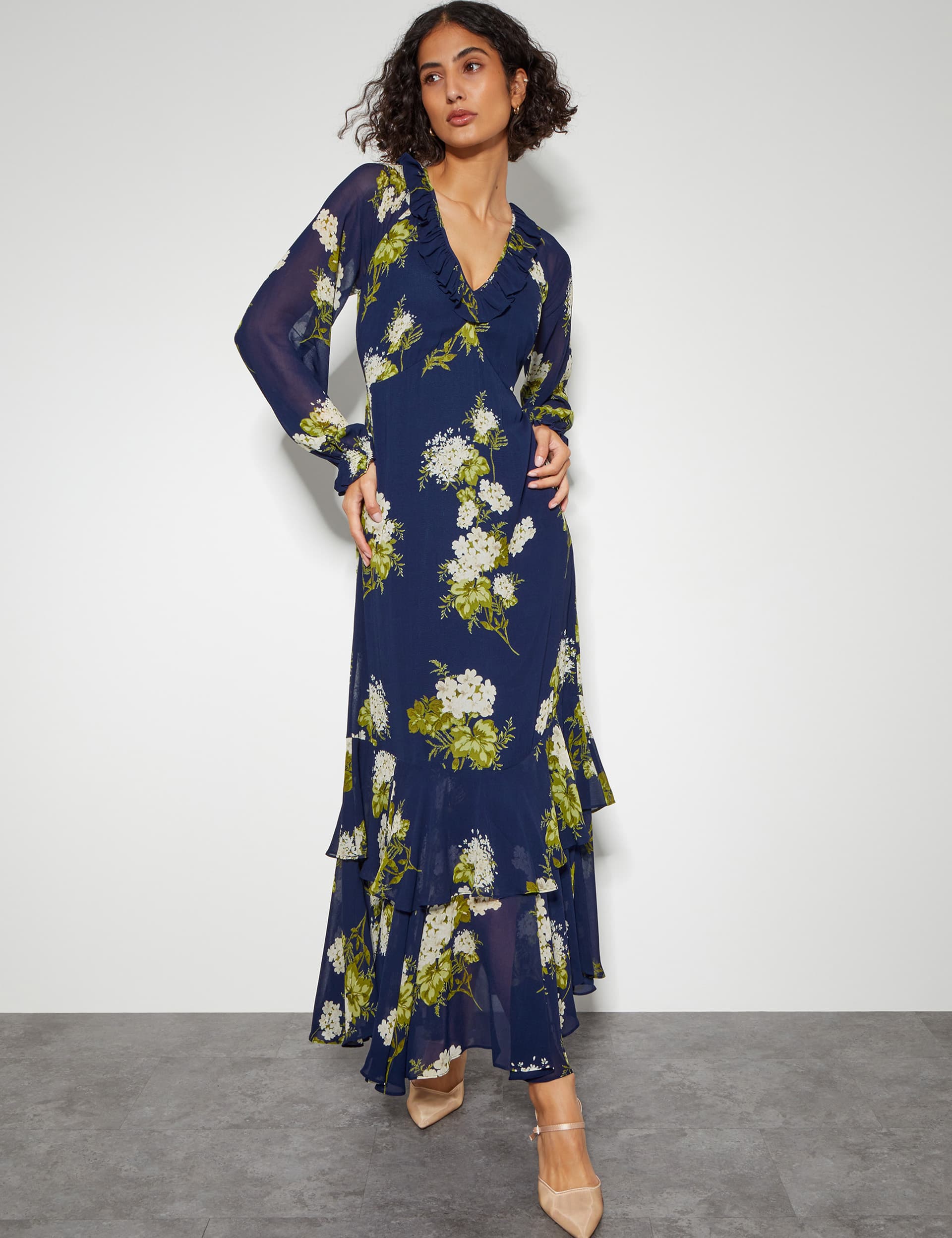 Monsoon Women's Printed V-Neck Maxi Tiered Dress - 12 - Navy Mix, Navy Mix