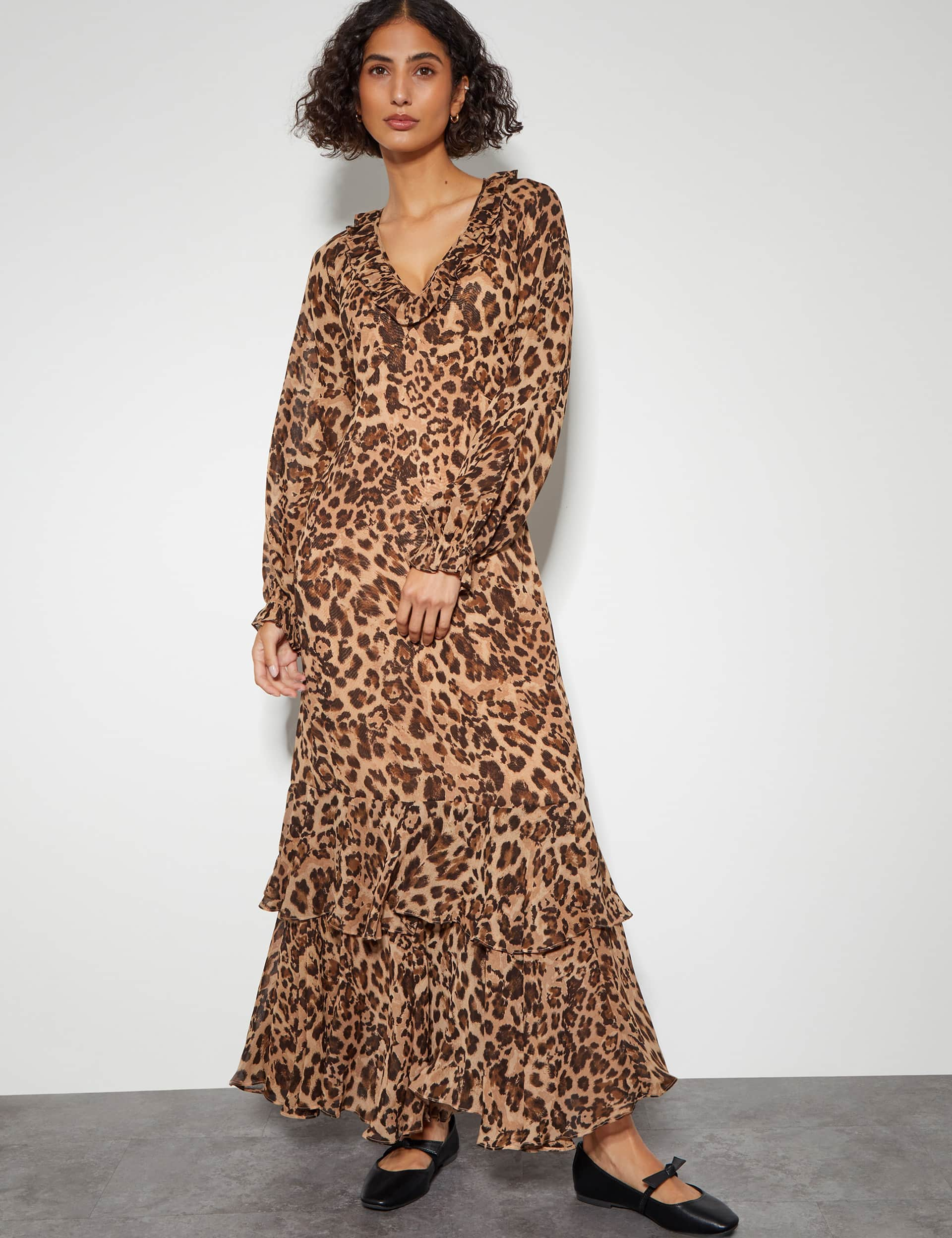 Monsoon Women's Animal Print V-Neck Ruffle Maxi Tea Dress - 10 - Brown Mix, Brown Mix