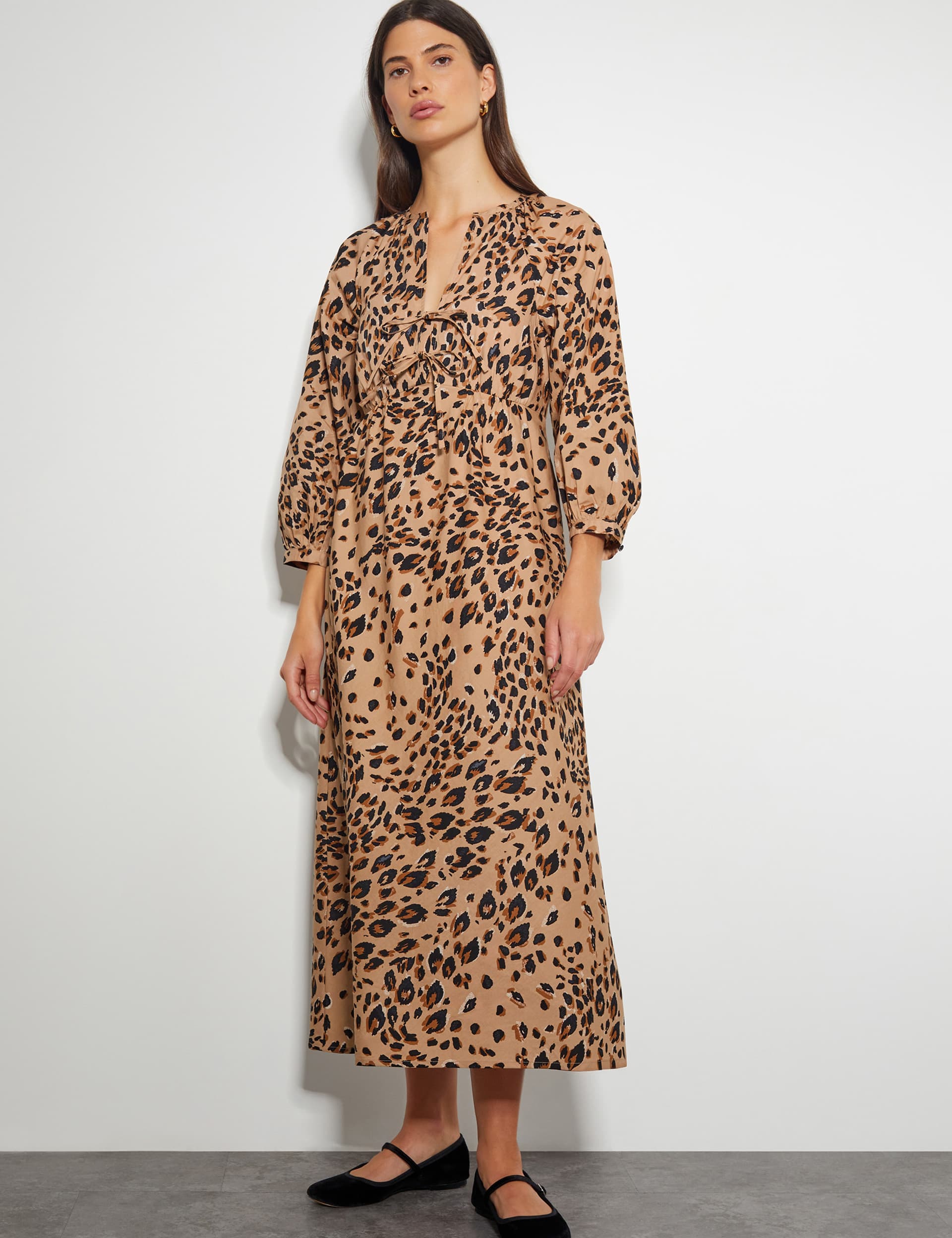 Monsoon Women's Pure Cotton Animal Print Midi Tea Dress - Natural Mix, Natural Mix