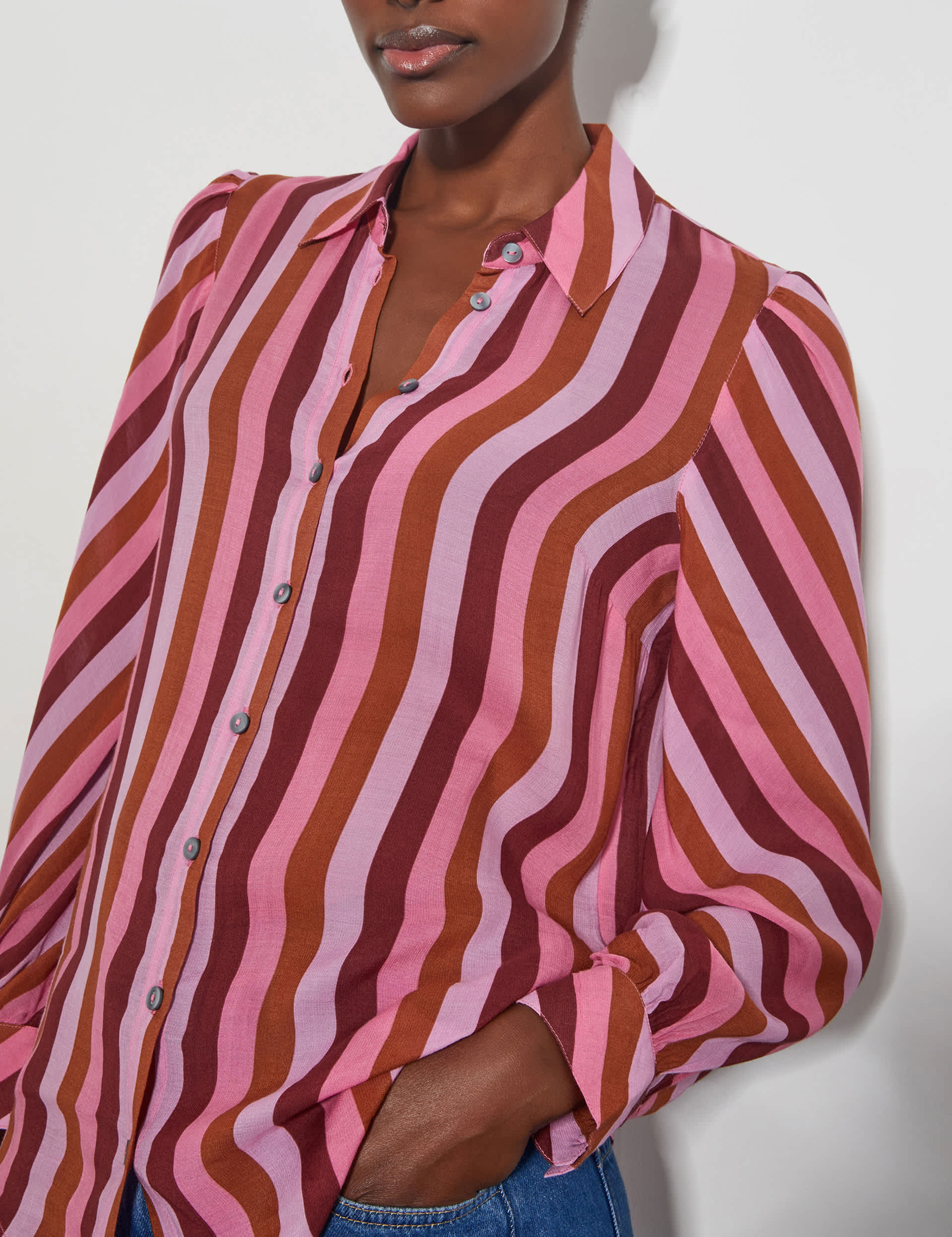 Monsoon Women's Modal Blend Striped Button Through Shirt - Pink Mix, Pink Mix