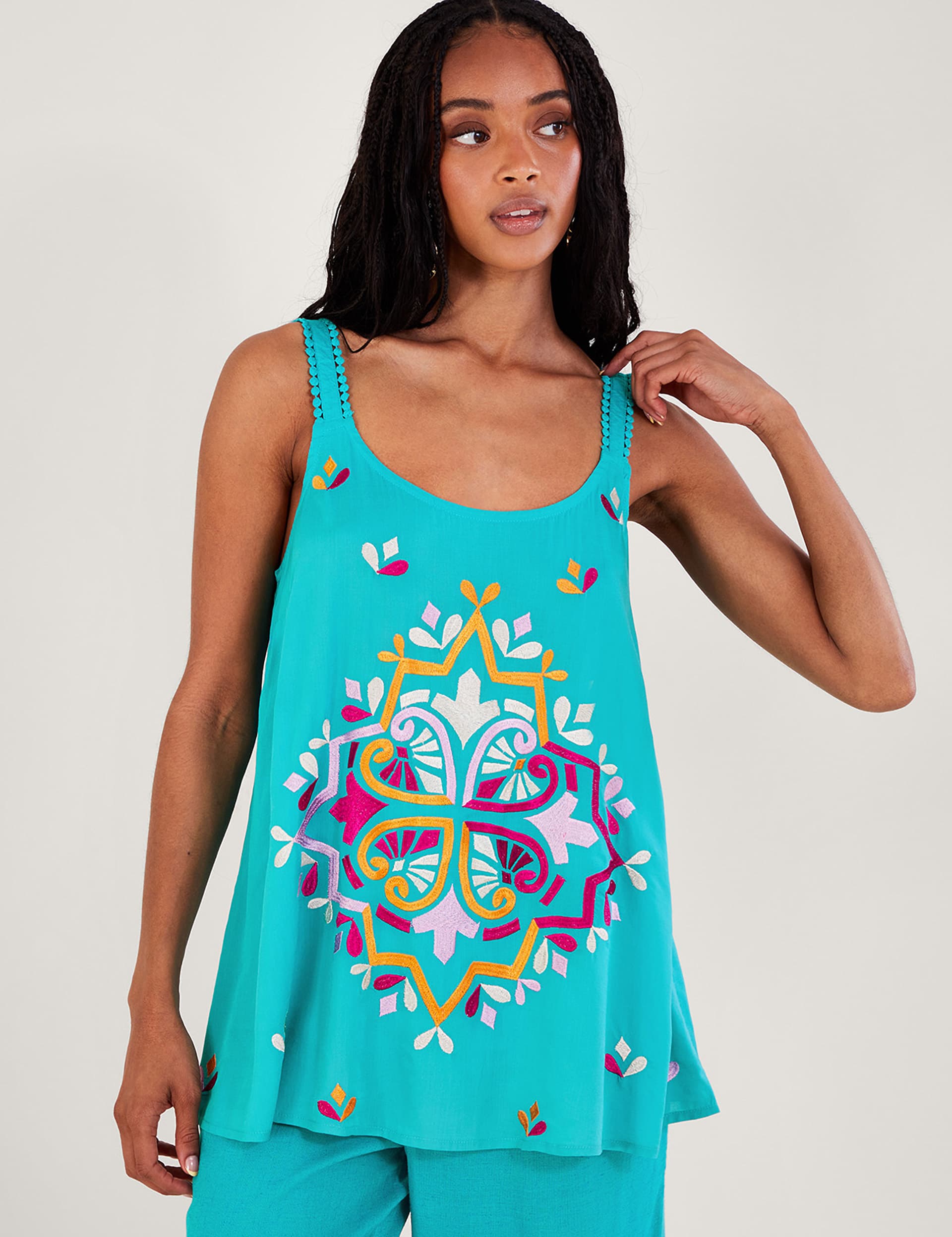 Monsoon Women's Embroidered Relaxed Cami Top - S - Light Blue Mix, Light Blue Mix