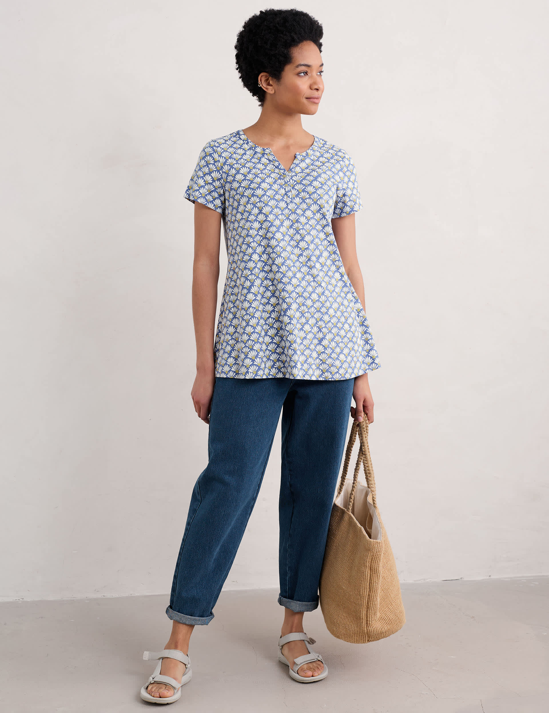 Seasalt Cornwall Women's Cotton Modal Blend Floral V-Neck Relaxed Top