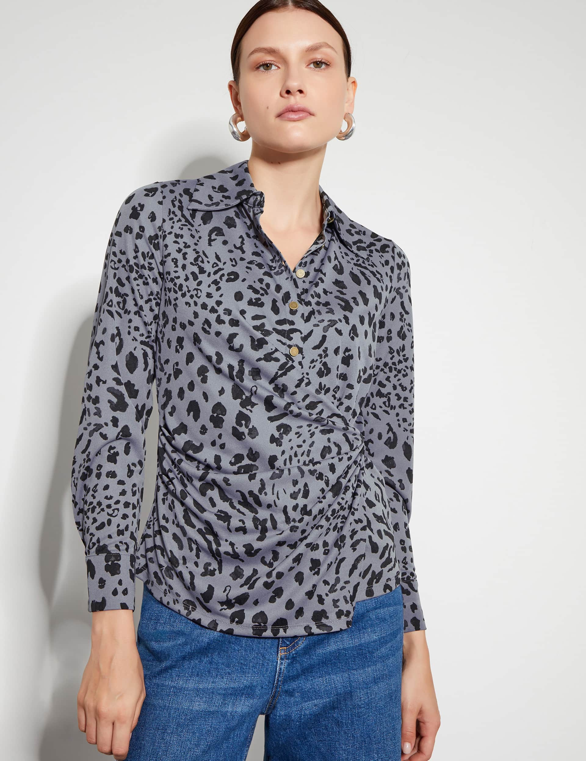 Monsoon Women's Jersey Animal Print Collared Shirt - 10 - Grey Mix, Grey Mix