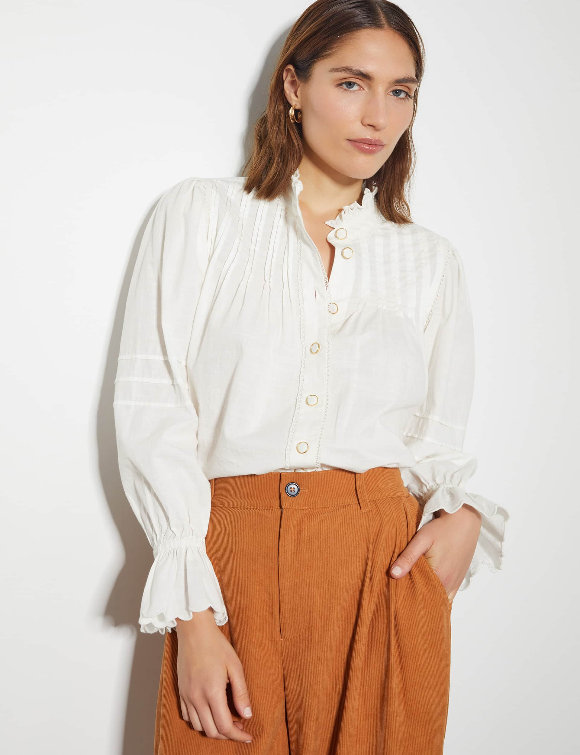 Monsoon Women's Pure Cotton Frill Detail Shirt - 24 - White, White