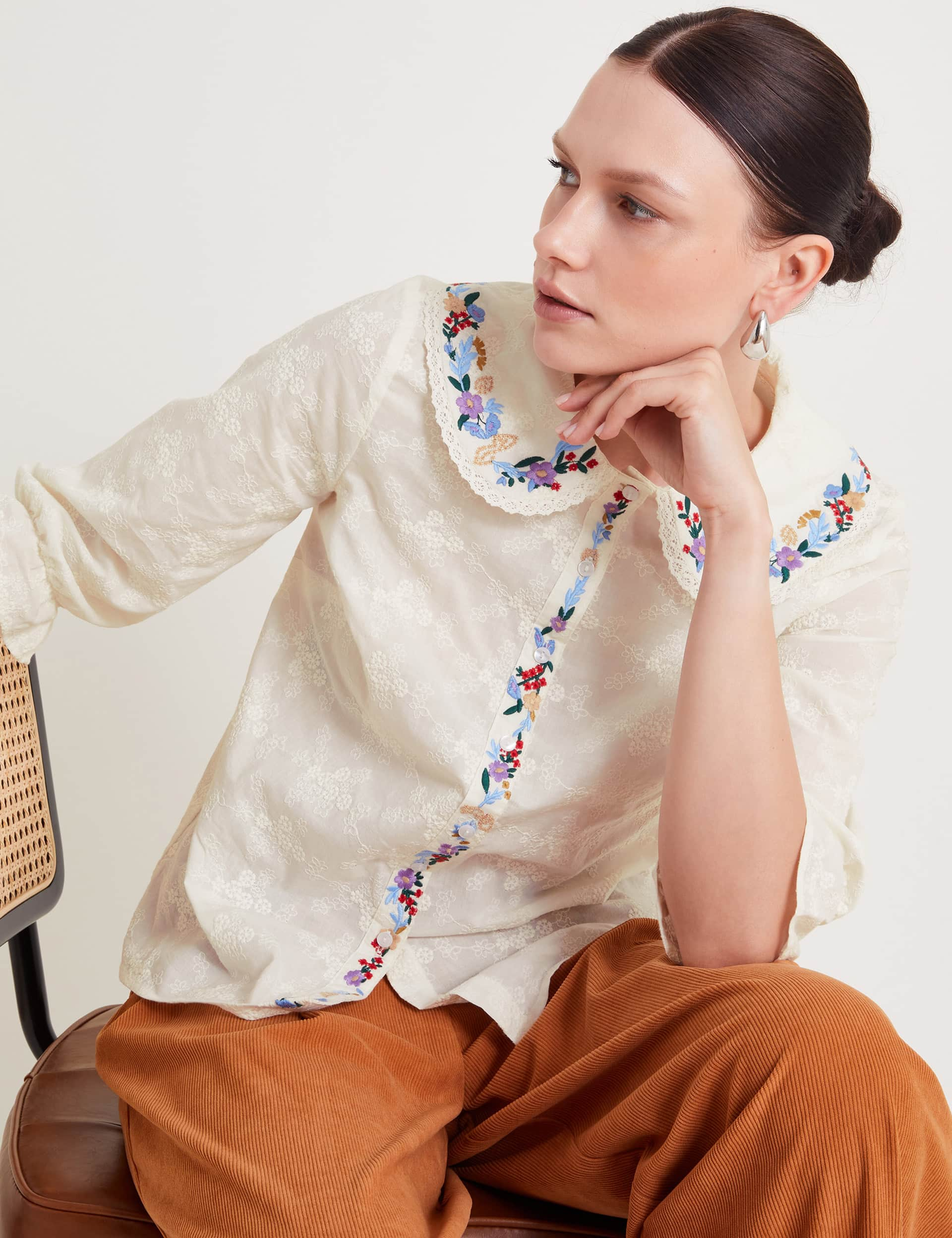 Monsoon Women's Pure Cotton Embroidered Collared Shirt - XXL - Ivory Mix, Ivory Mix