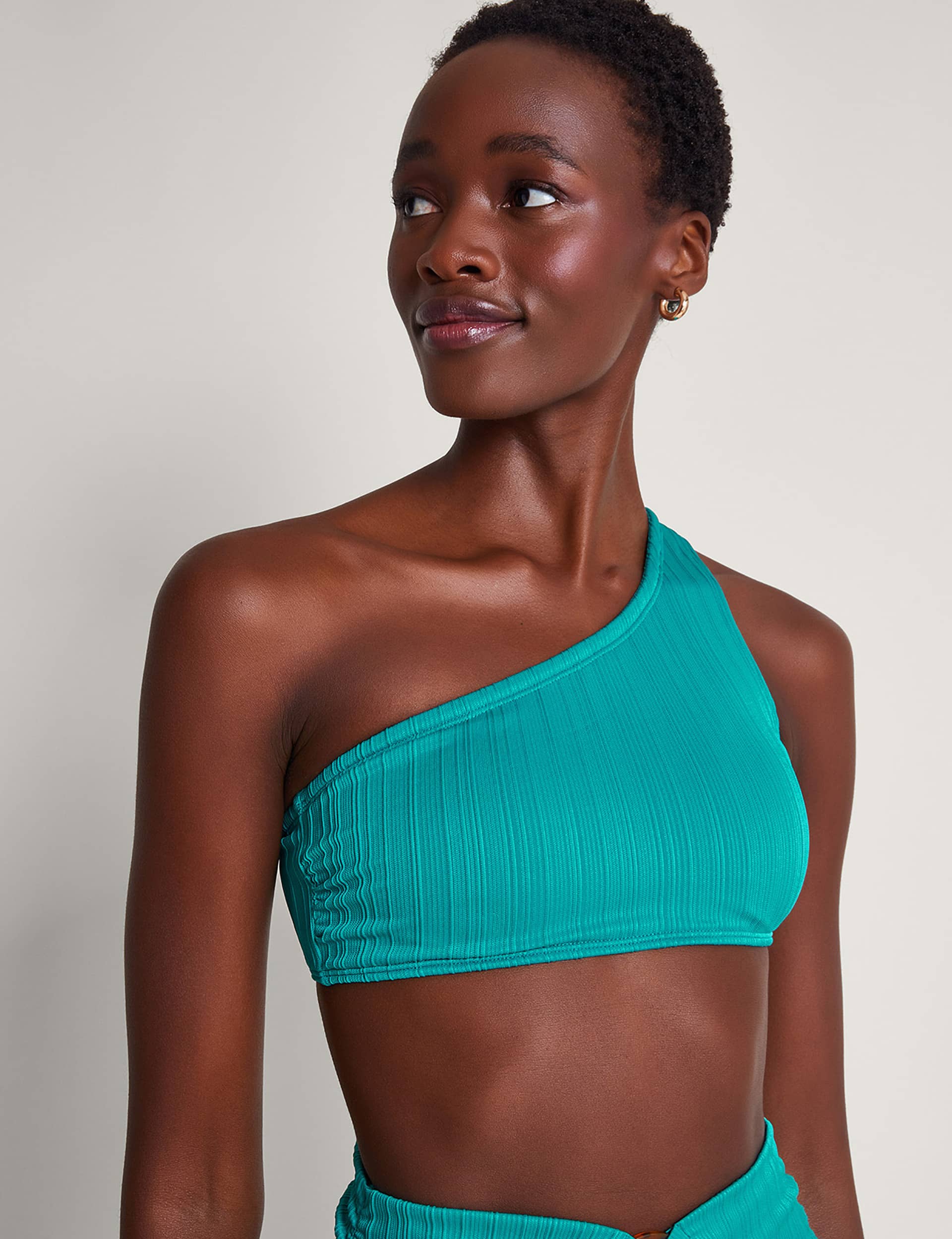 Monsoon Women's Ribbed One Shoulder Bikini Top - 16 - Turquoise, Turquoise