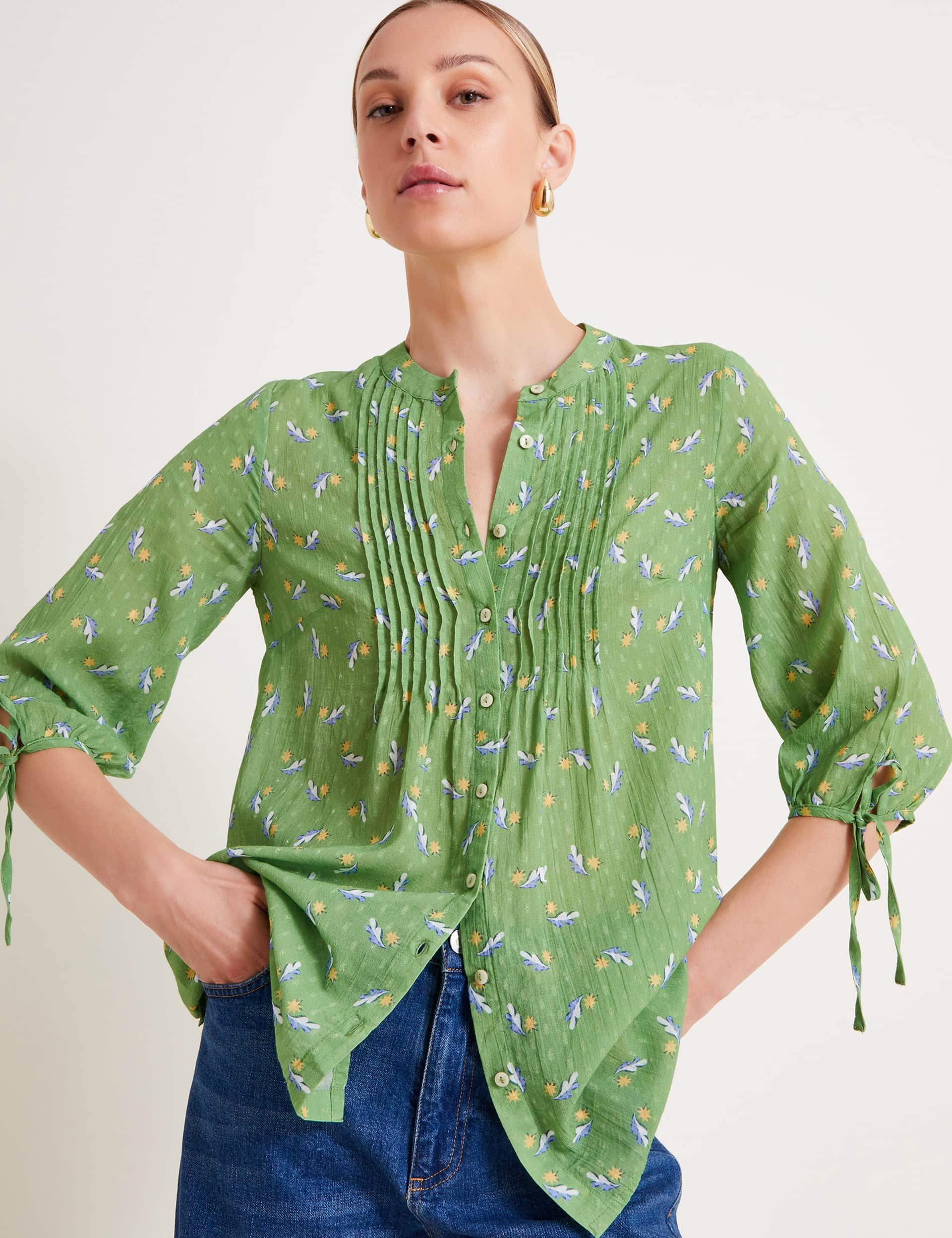 Monsoon Women's Cotton Rich Leaf Print Blouse - Green Mix, Green Mix