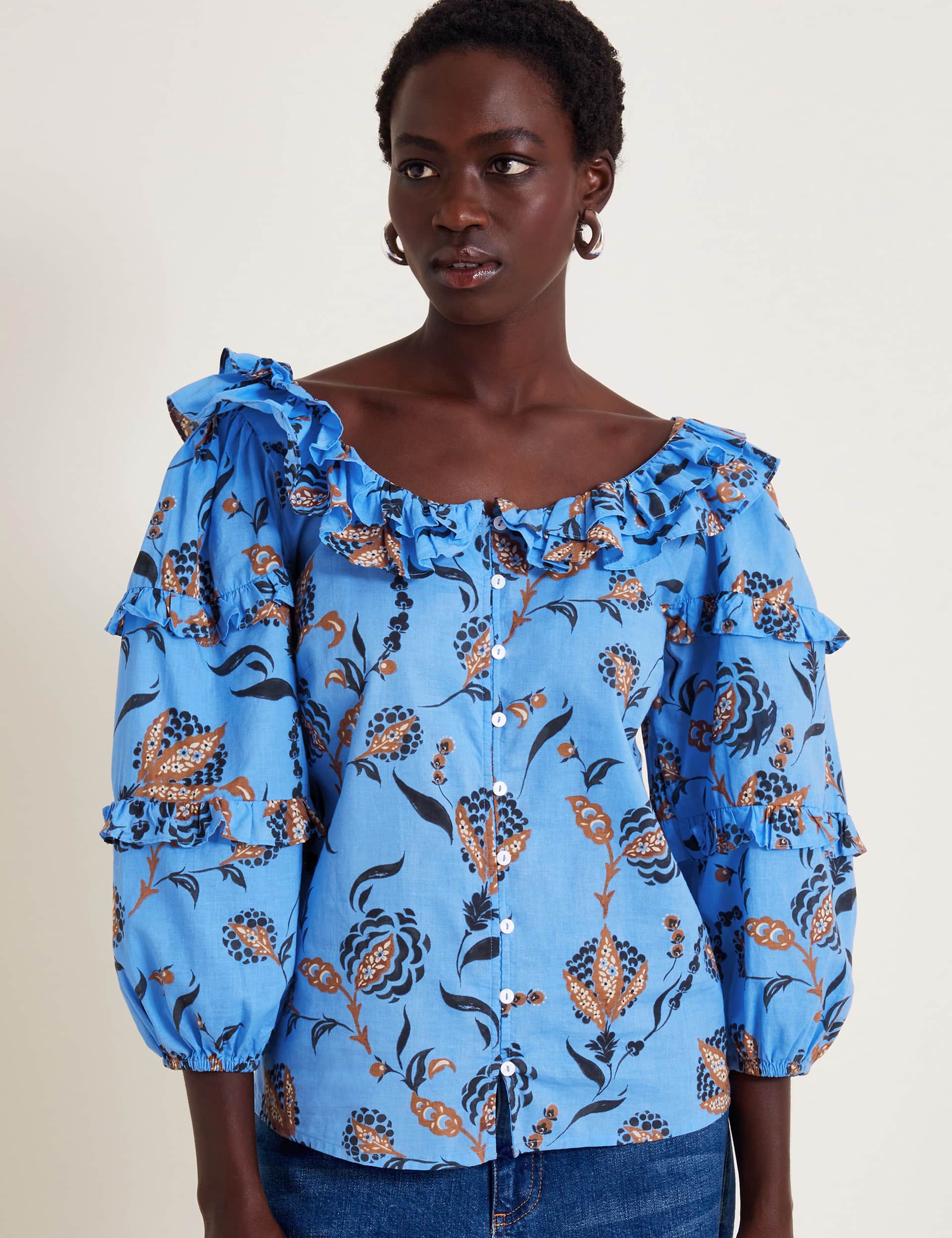 Monsoon Women's Pure Cotton Printed Frill Neck Blouse