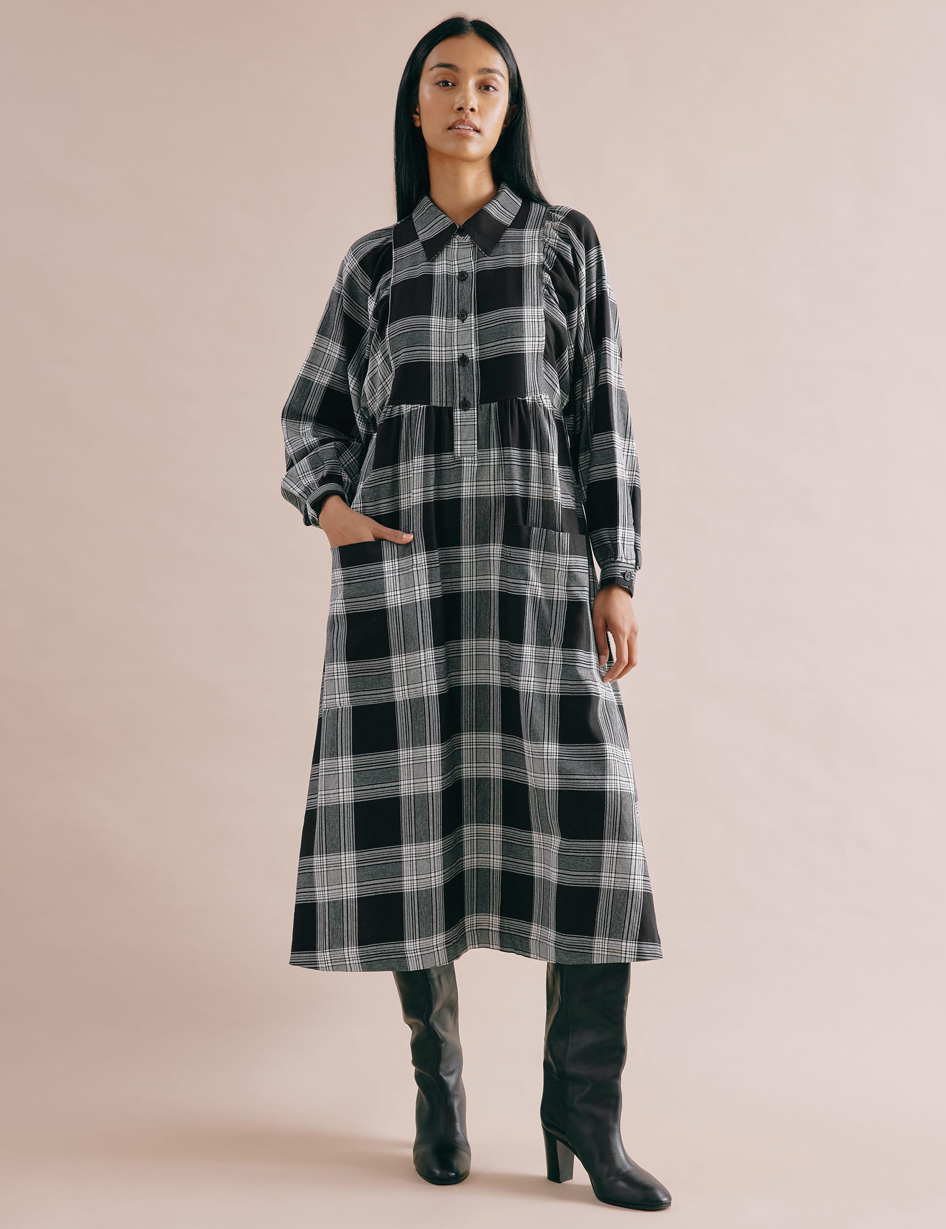 Albaray Women's Pure Cotton Checked Midi Shirt Dress - 12 - Black, Black