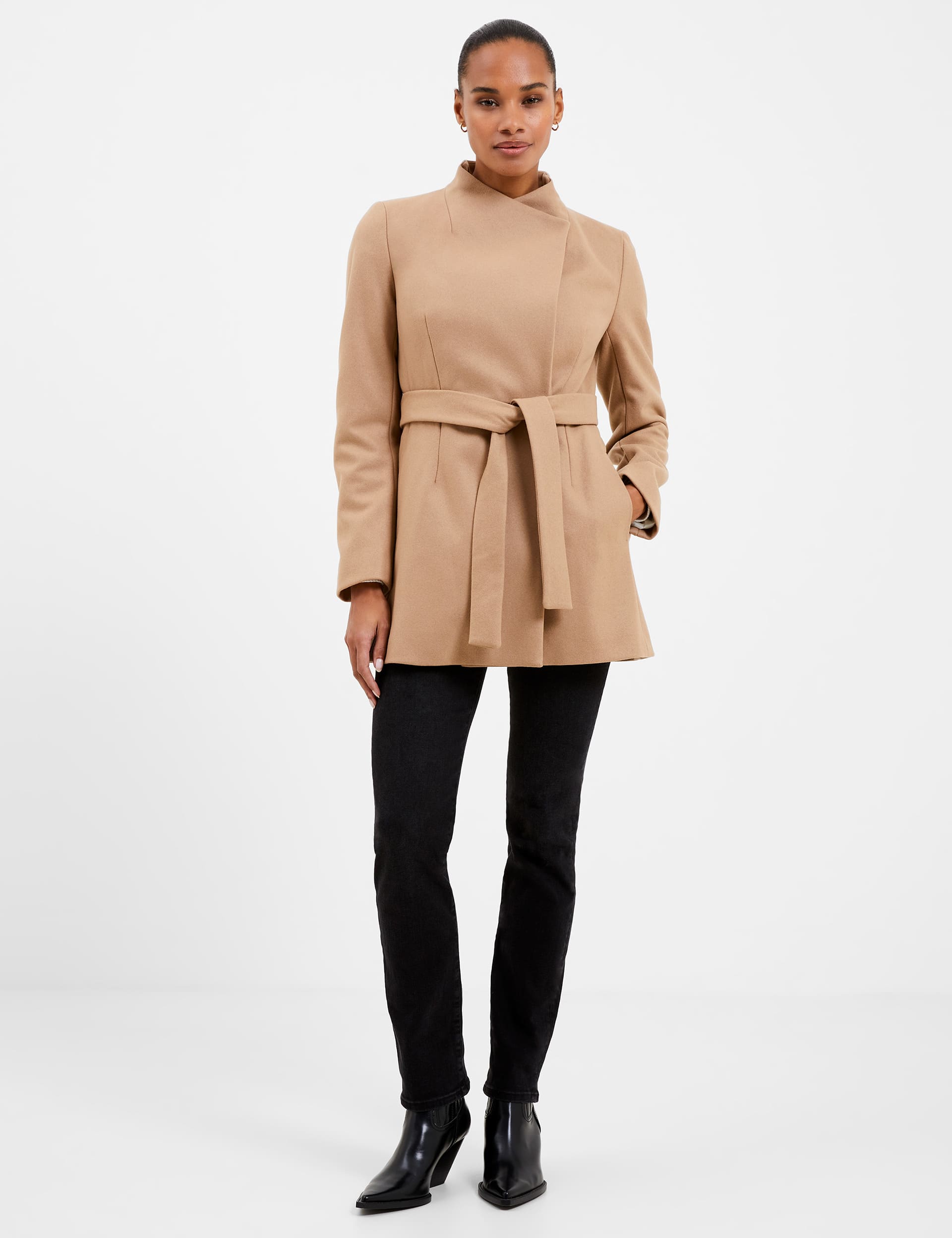 French Connection Women's Wool Blend Belted Wrap Coat - 12 - Brown, Brown