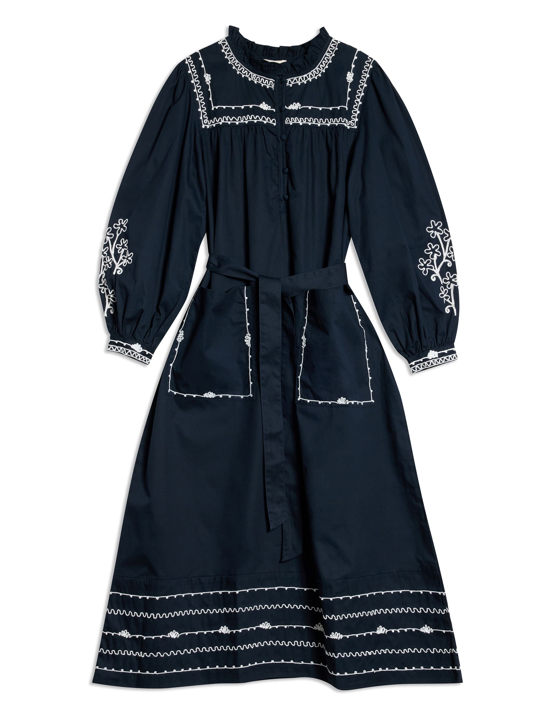 Albaray Women's Pure Cotton Embroidered Midi Smock Dress - 12 - Navy, Navy