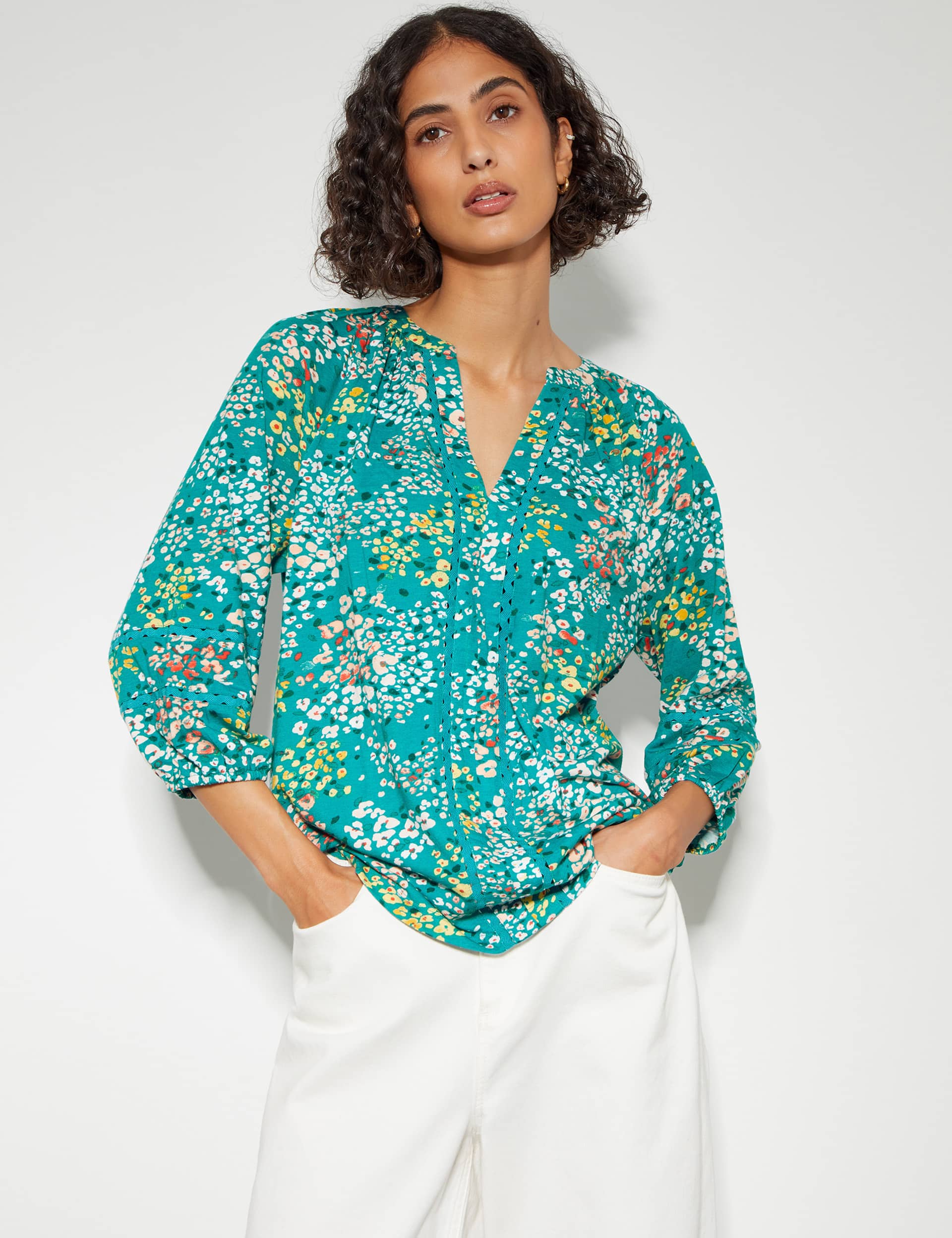 Monsoon Women's Cotton Rich Jersey V-Neck Floral Top - M - Teal Mix, Teal Mix