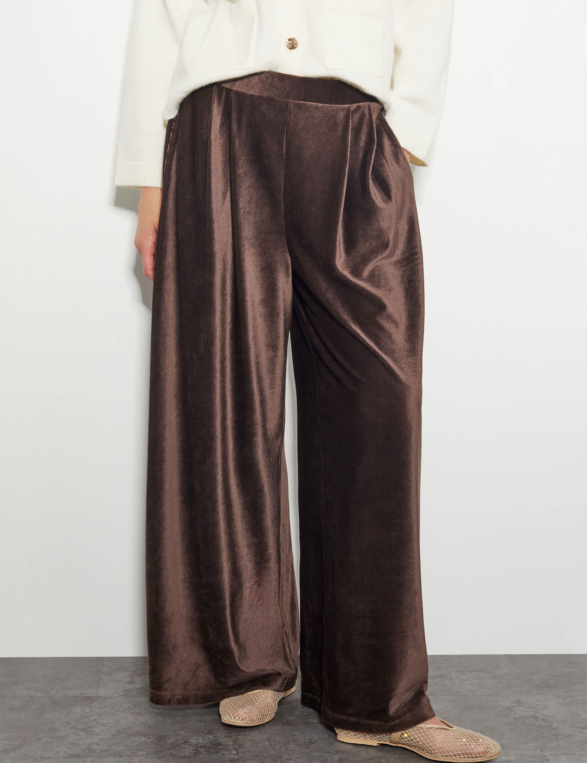 Monsoon Women's Shay Rib Velour Wide Leg Trousers - M - Brown, Brown,Black,Khaki