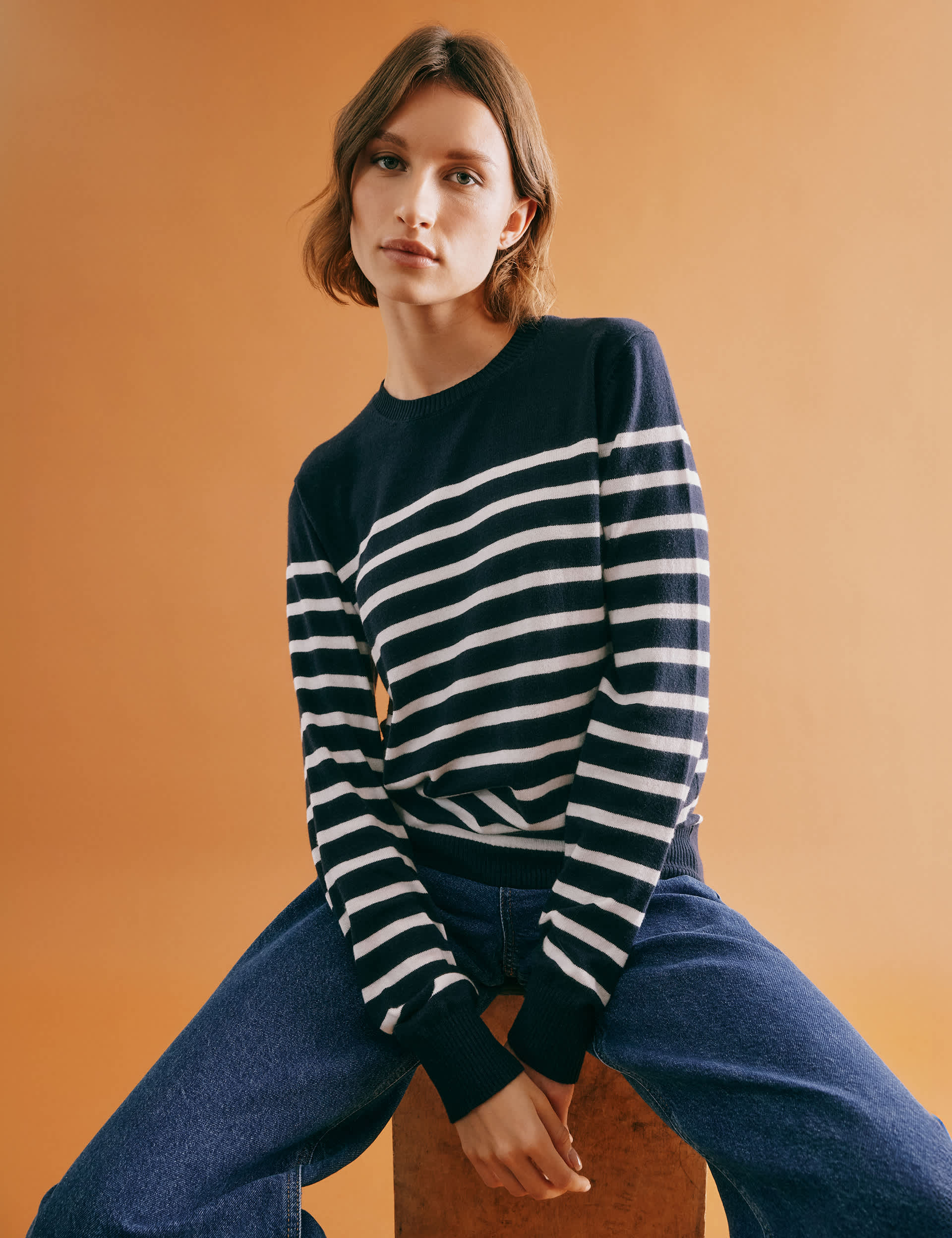 Albaray Women's Cotton Blend Striped Jumper with Wool - 10 - Navy, Navy