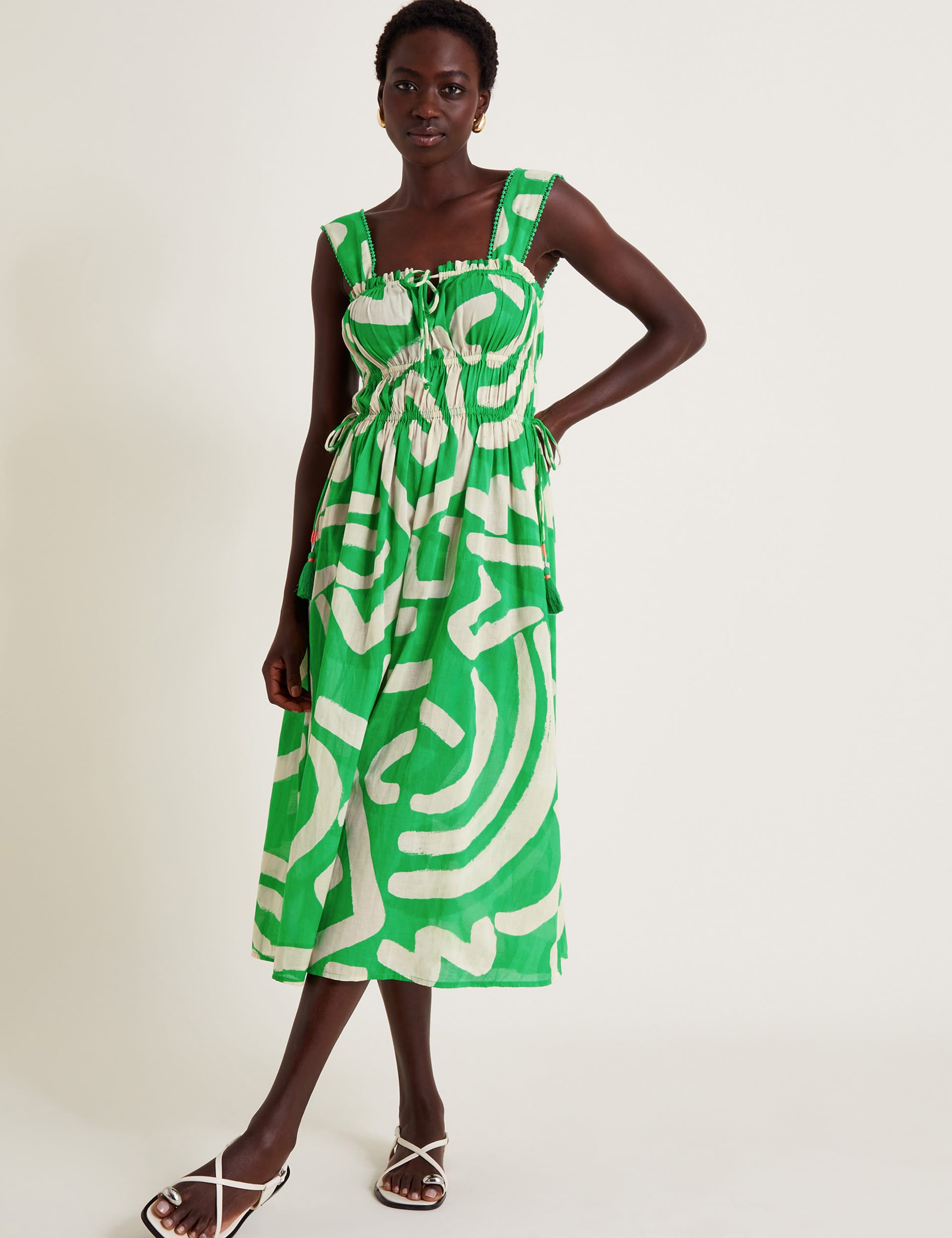 Monsoon Women's Printed Square Neck Midi Smock Dress - Green Mix, Green Mix