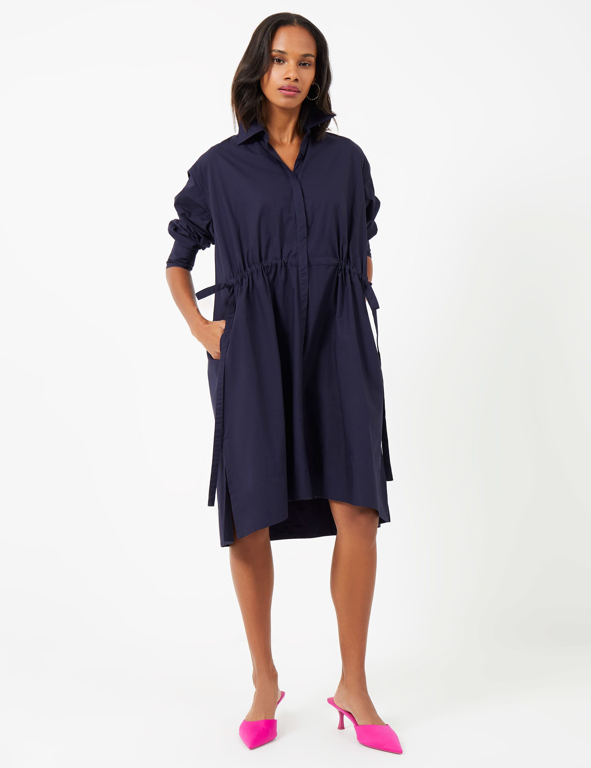 French Connection Women's Pure Cotton Knee Length Shirt Dress - Blue, White,Blue