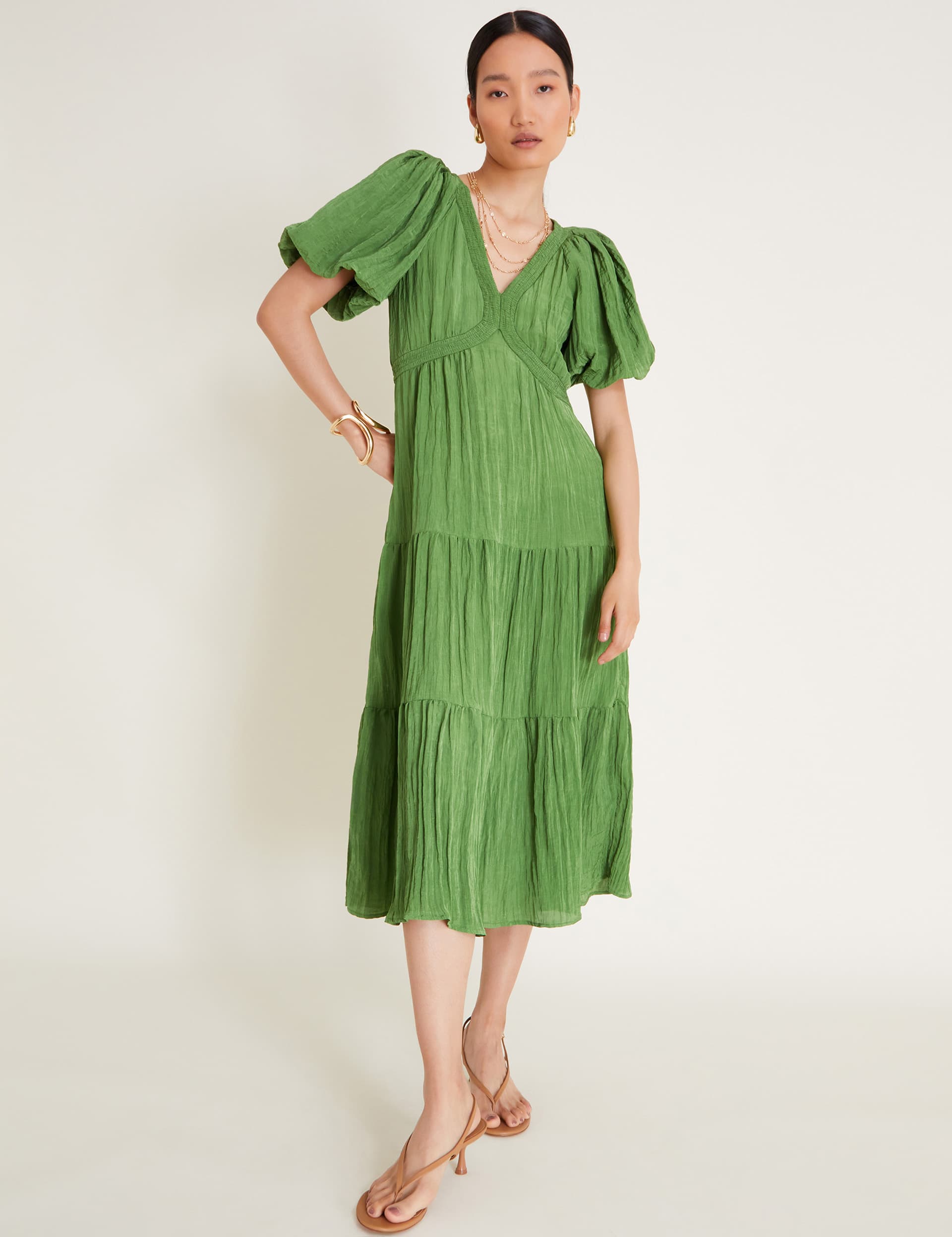 Monsoon Women's Crinkle Puff Sleeve Midi Tea Dress - Green, Green