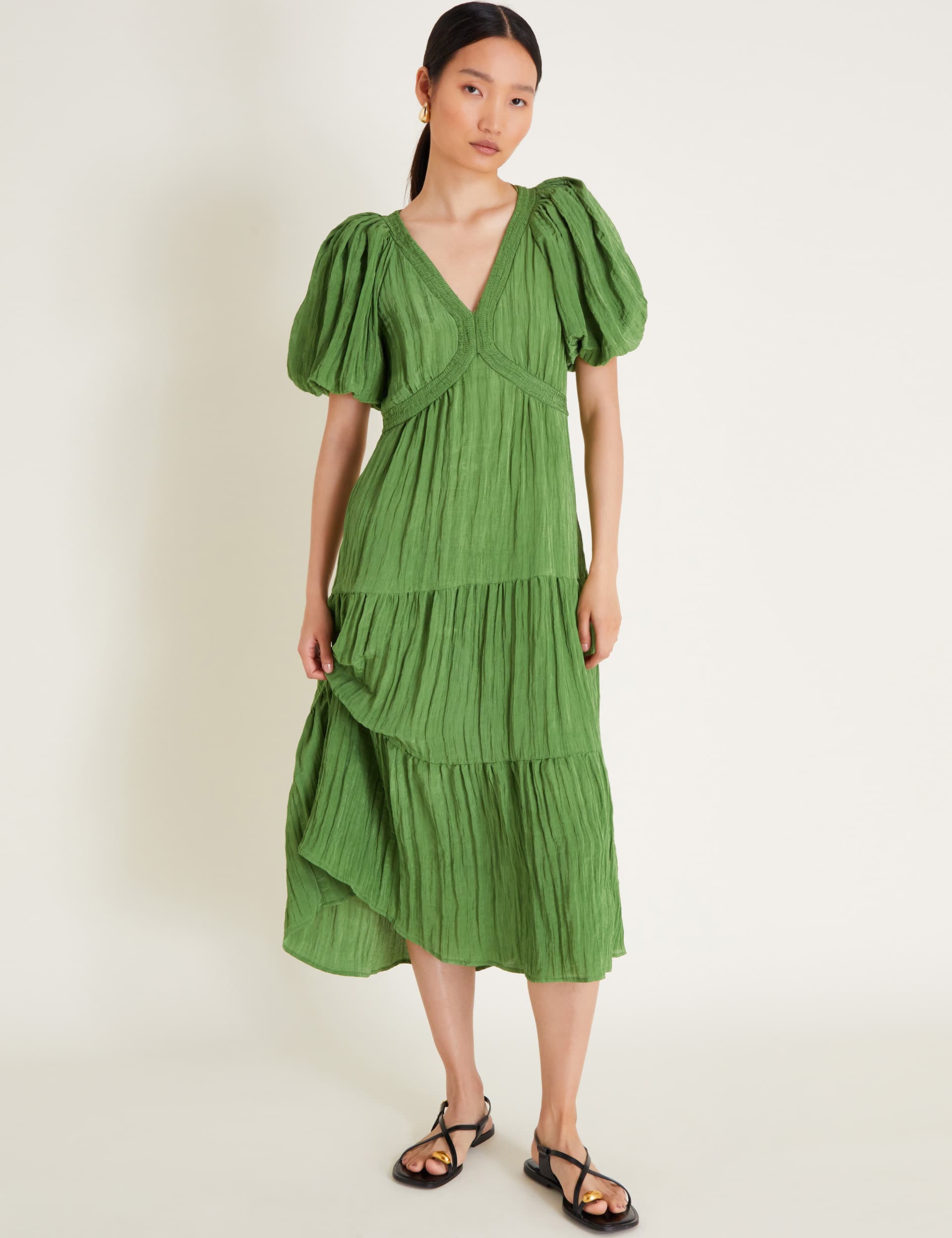 Monsoon Women's Crinkle Puff Sleeve Midi Tea Dress - Green, Green