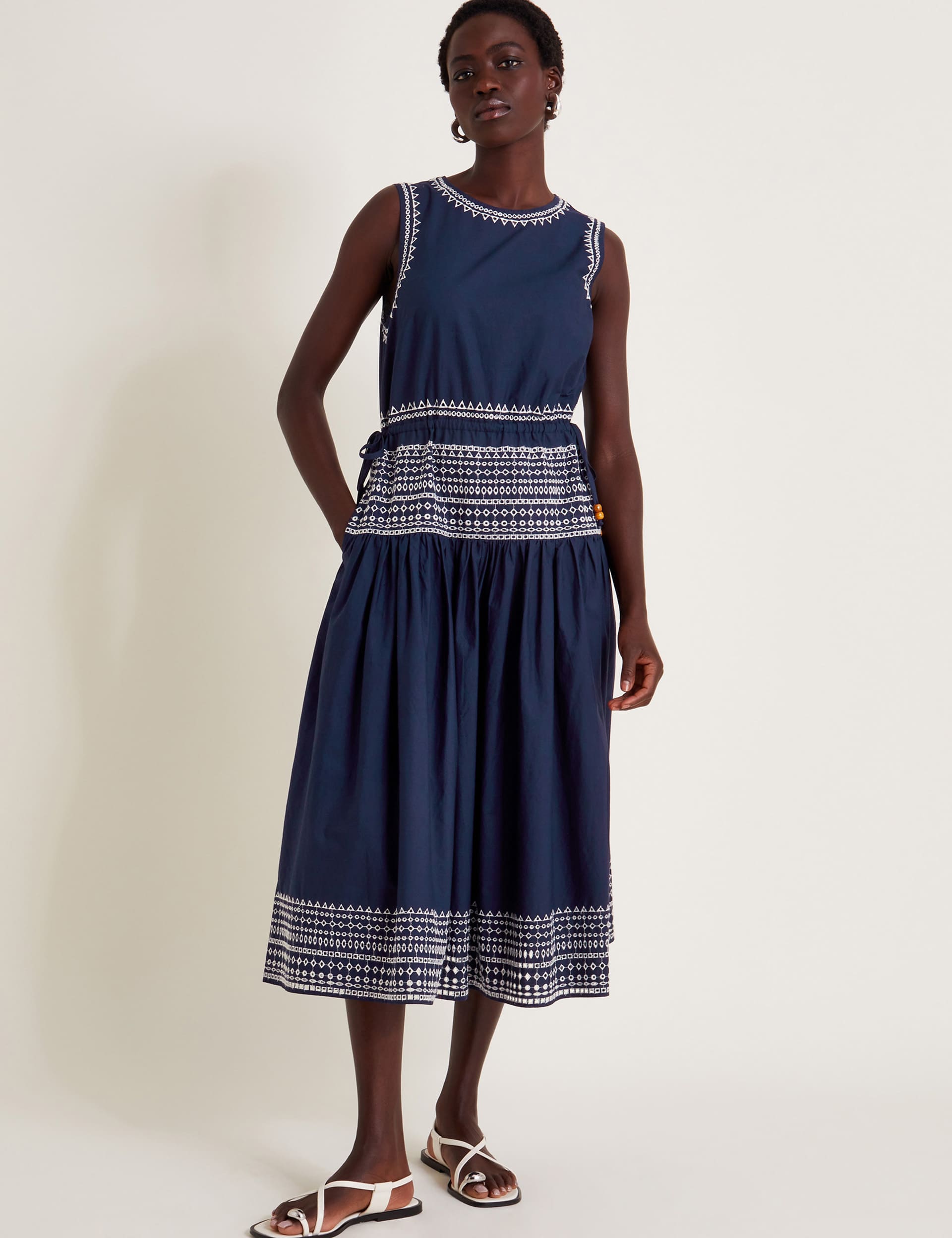 Monsoon Women's Pure Cotton Broderie Midi Smock Dress