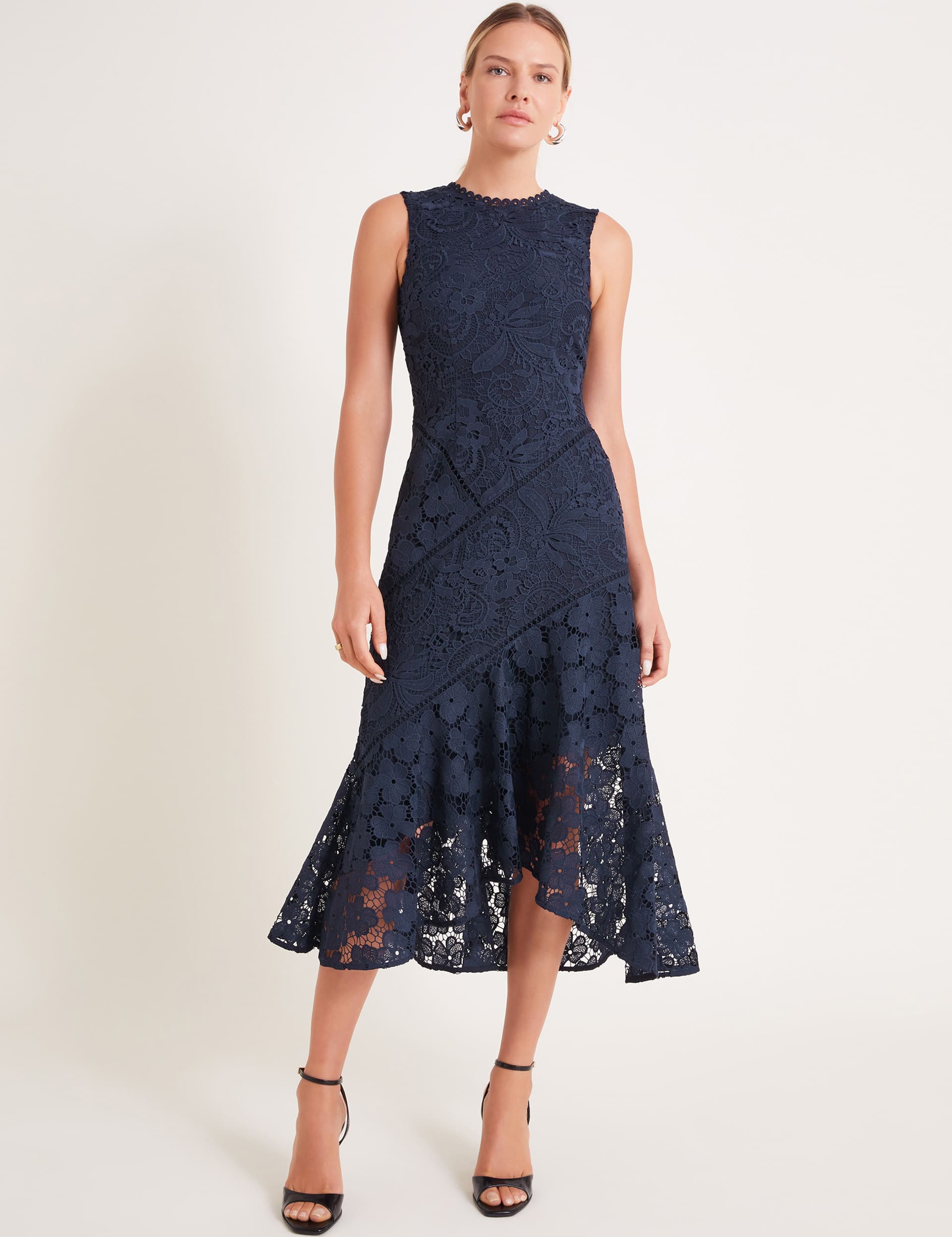 Monsoon Women's Lace Embroidered Floral Midi Tea Dress - 24 - Navy, Navy