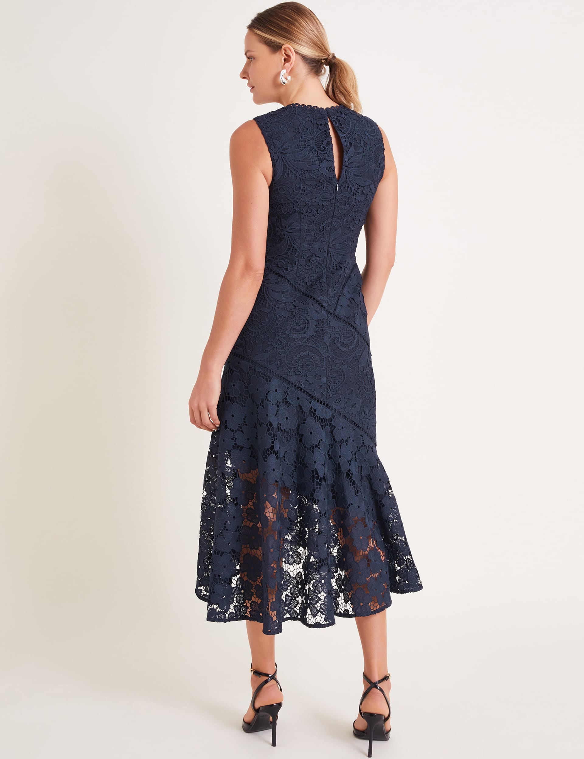 Monsoon Women's Lace Embroidered Floral Midi Tea Dress - 24 - Navy, Navy