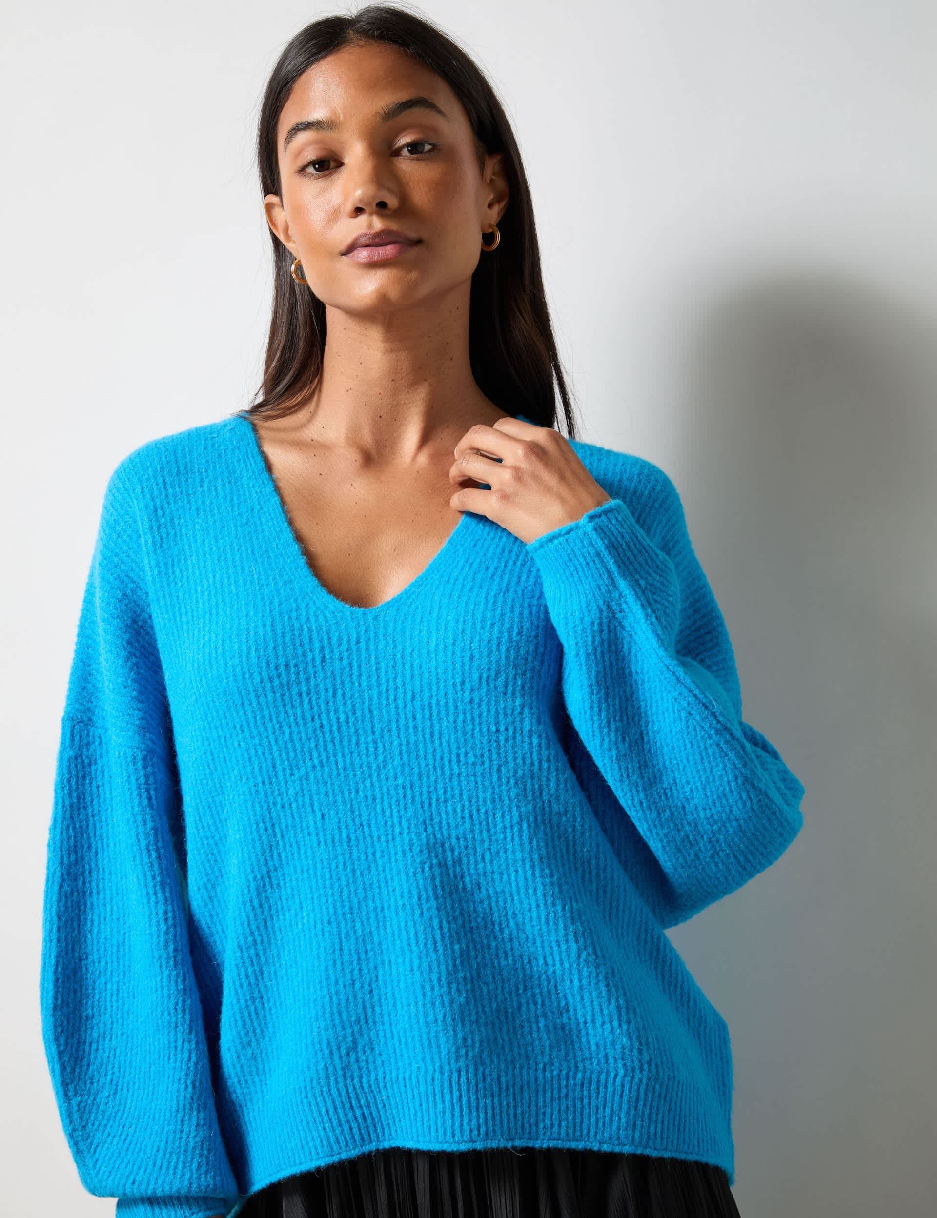 Ro&Zo Women's Textured V-Neck Jumper with Wool - MREG - Bright Blue, Bright Blue,Black