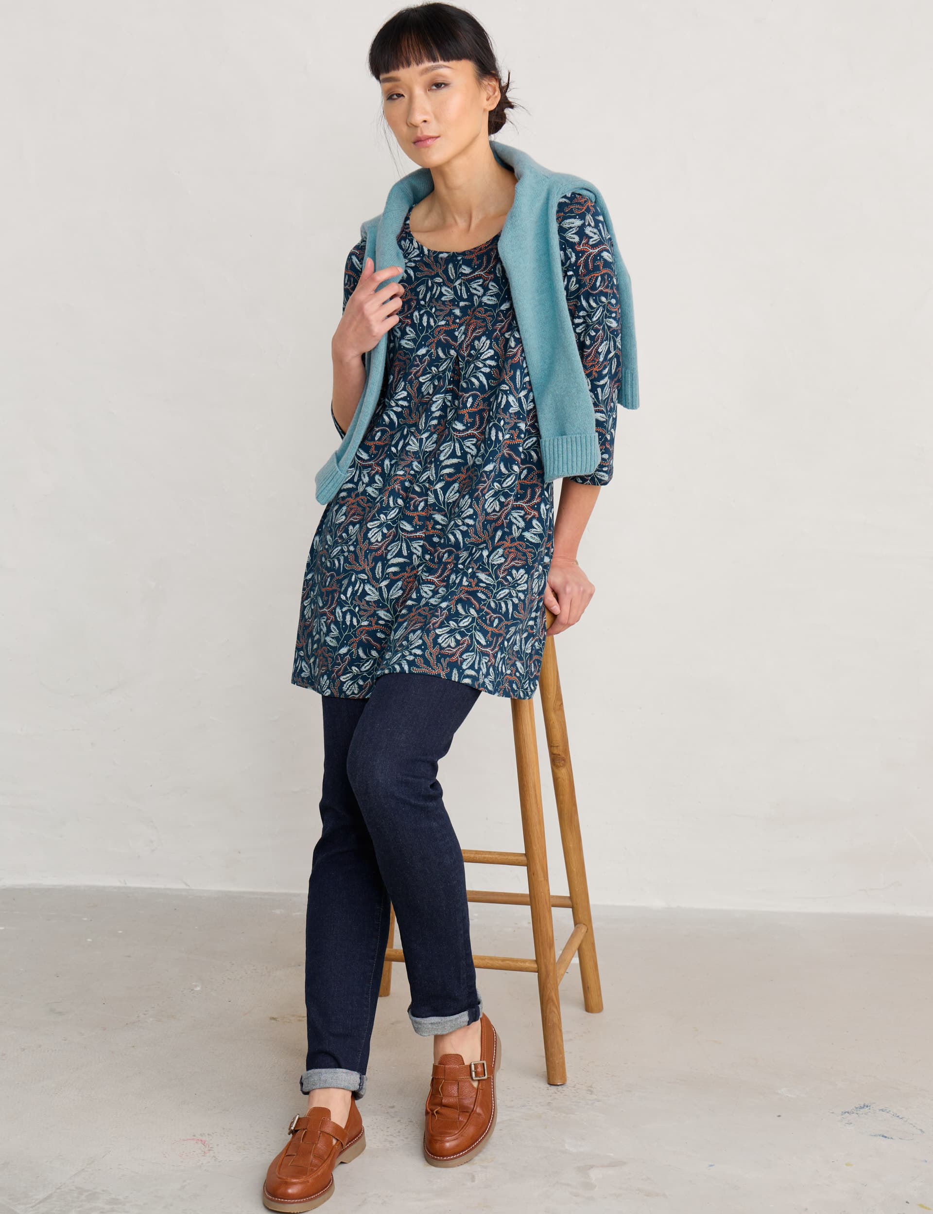 Seasalt Cornwall Women's Cotton Rich Floral Round Neck Tunic - 8REG - Teal Mix, Teal Mix