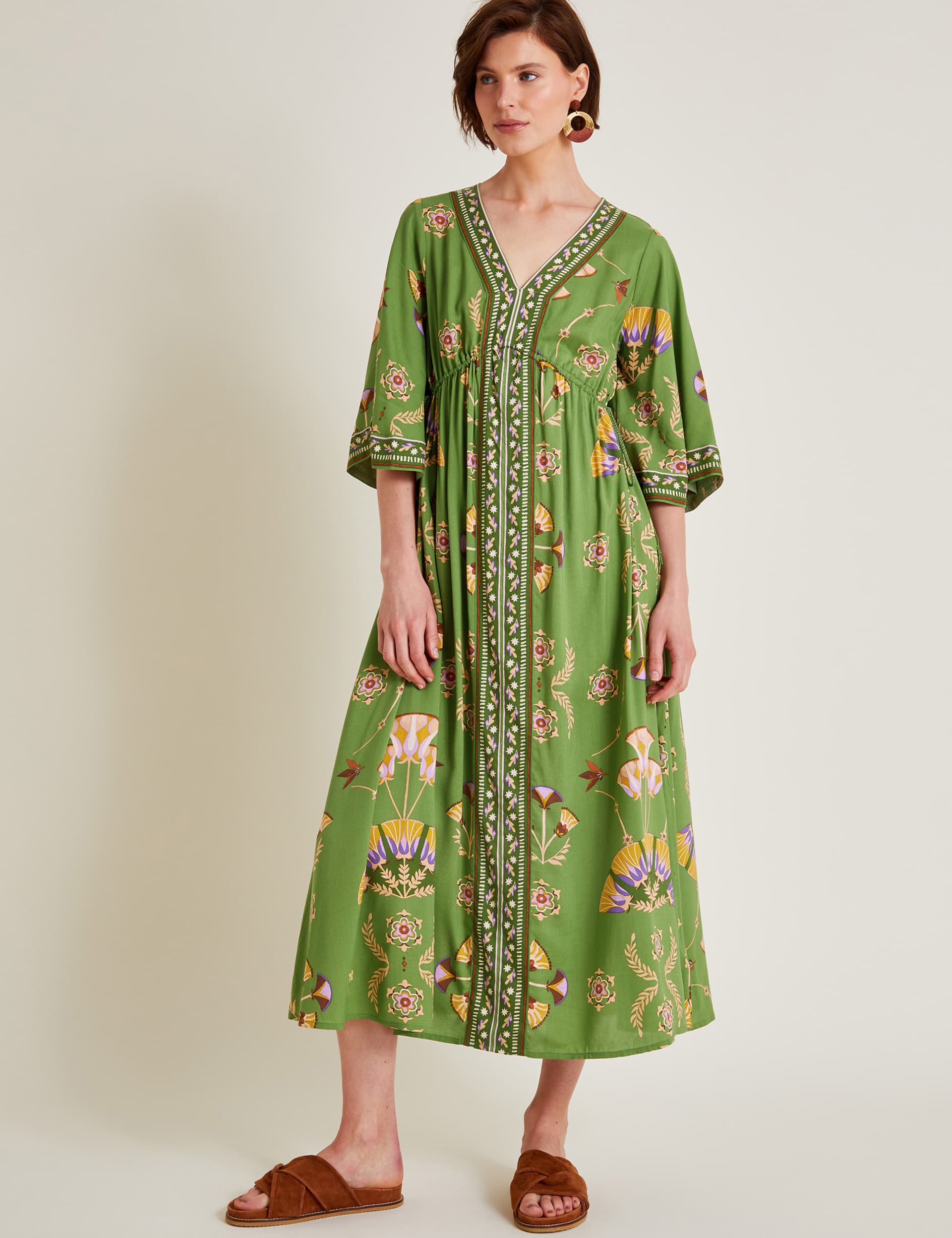 Monsoon Women's Embroidered V-Neck Midi Smock Dress