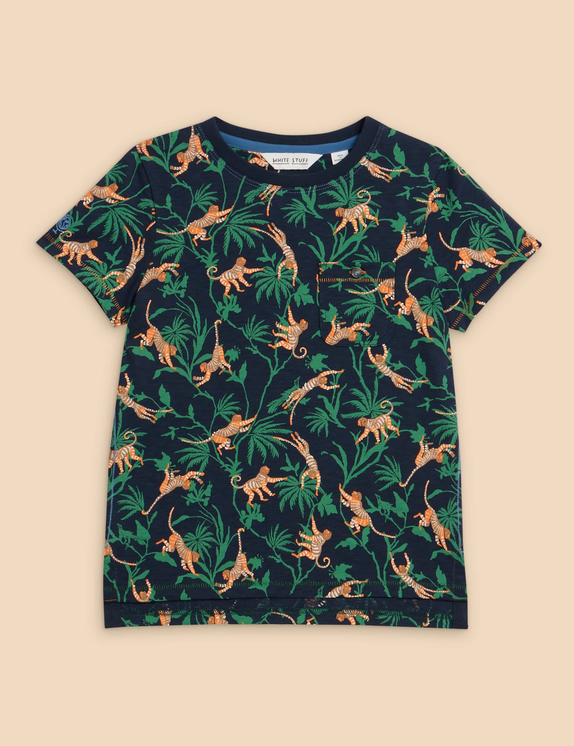 White Stuff Boys Pure Cotton Monkey Print T-Shirt (3-10 Yrs) - 7-8 Y - Navy Mix, Navy Mix