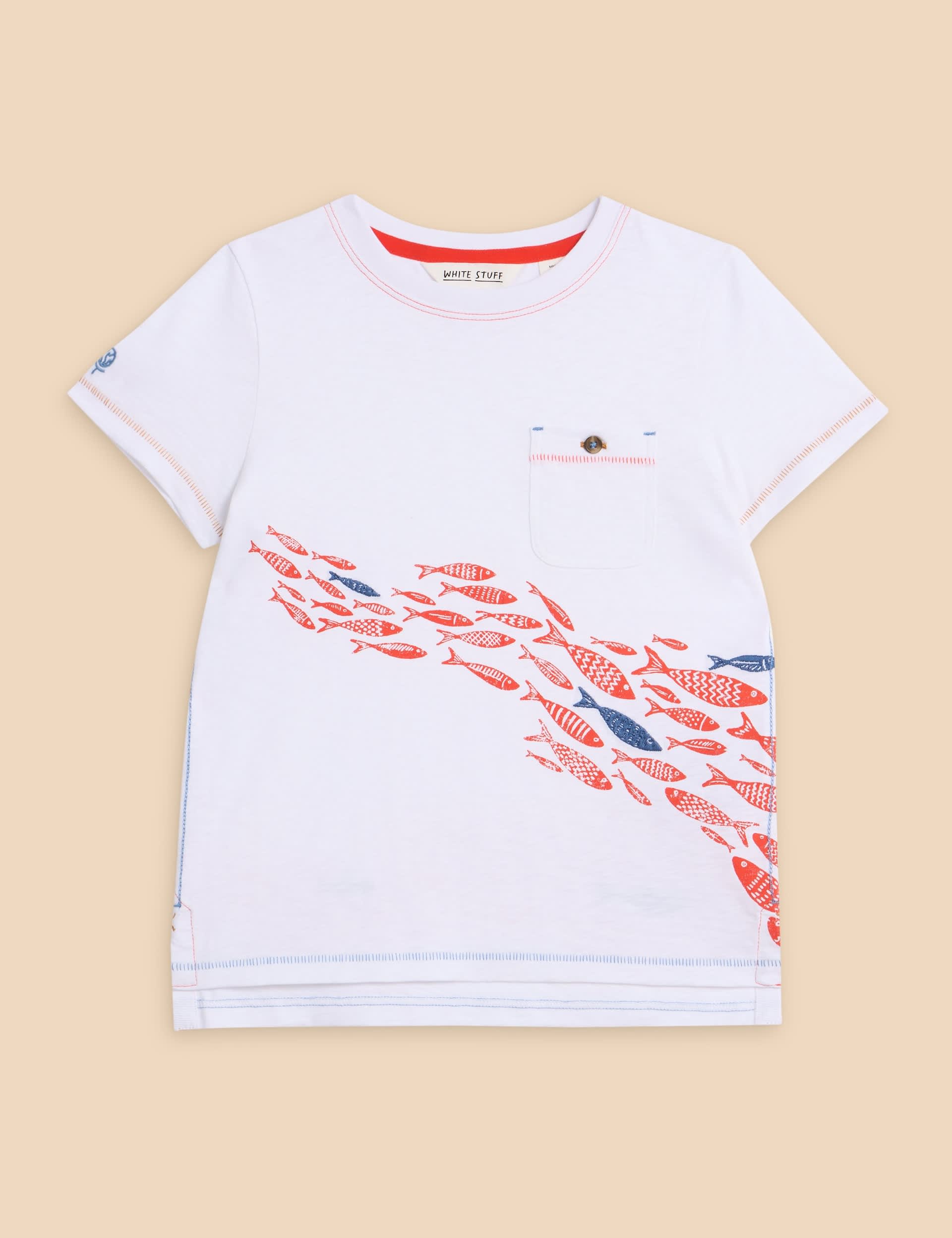 White Stuff Boys Pure Cotton Fish T-Shirt (3-10 Yrs) - 7-8 Y - White Mix, White Mix