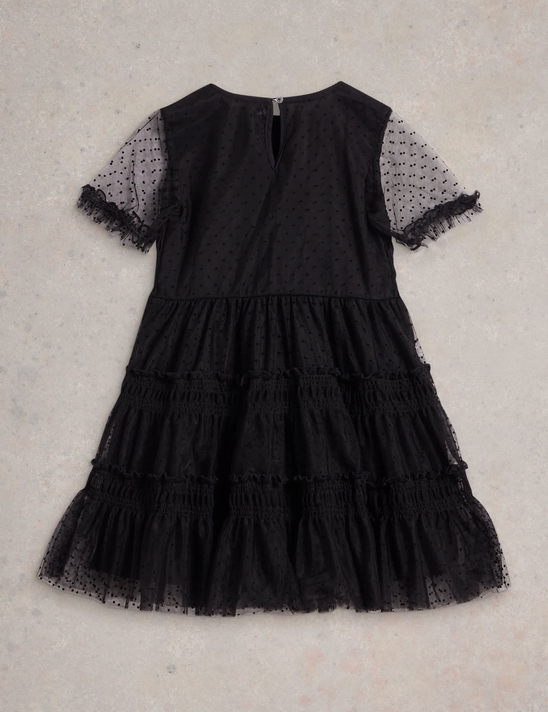 White Stuff Girls Spotted Mesh Frill Tiered Party Dress (3-10 Yrs) - 5-6 Y - Black, Black