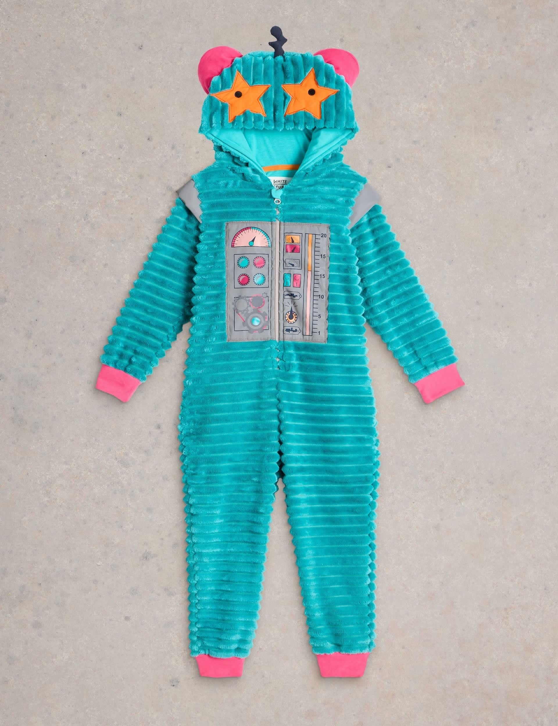 White Stuff Girls Velour Robot Onesie - 9-10Y - Blue Mix, Blue Mix