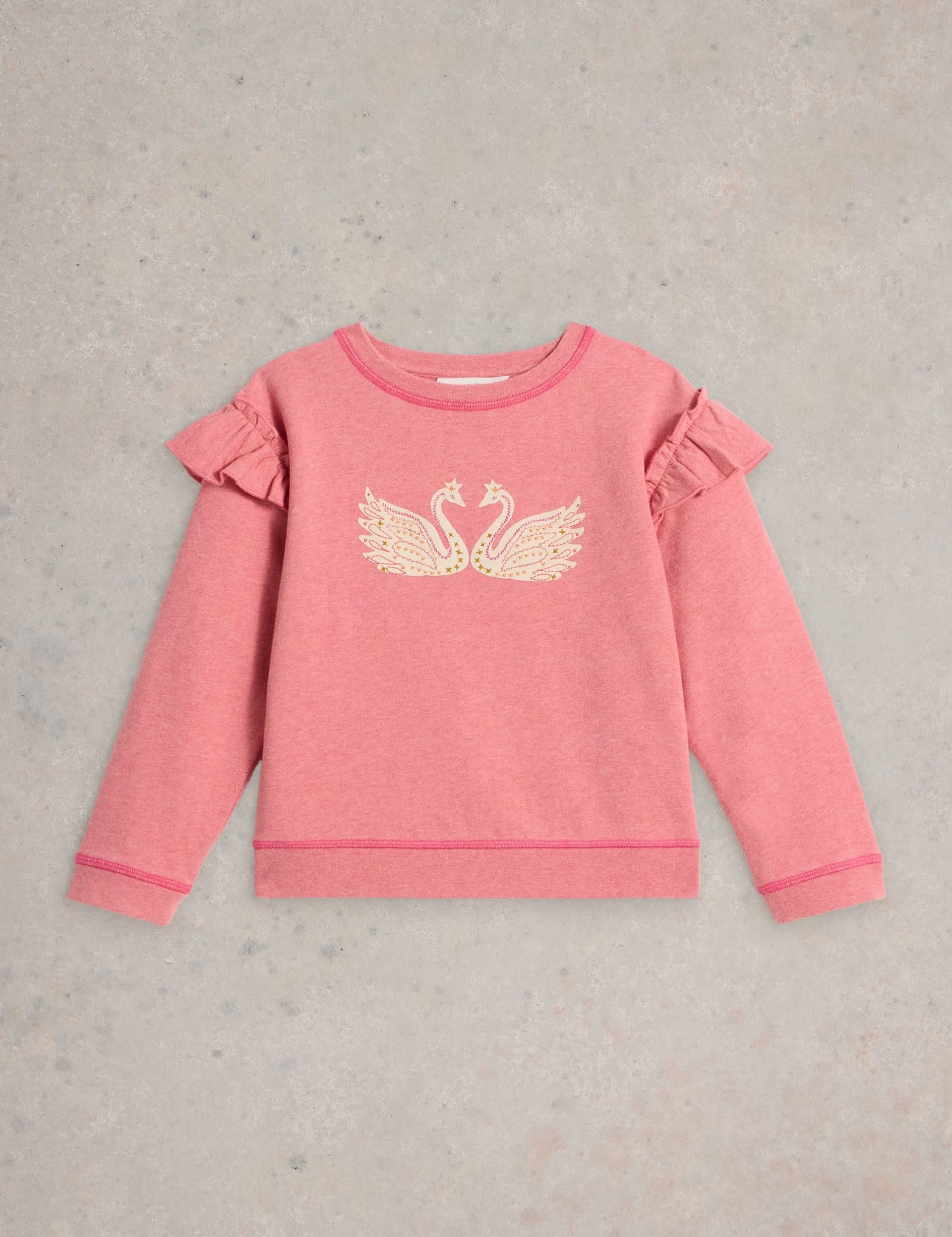 White Stuff Girls Pure Cotton Crew Neck Swans Sweatshirt (3-10 Yrs) - 7-8 Y - Pink, Pink