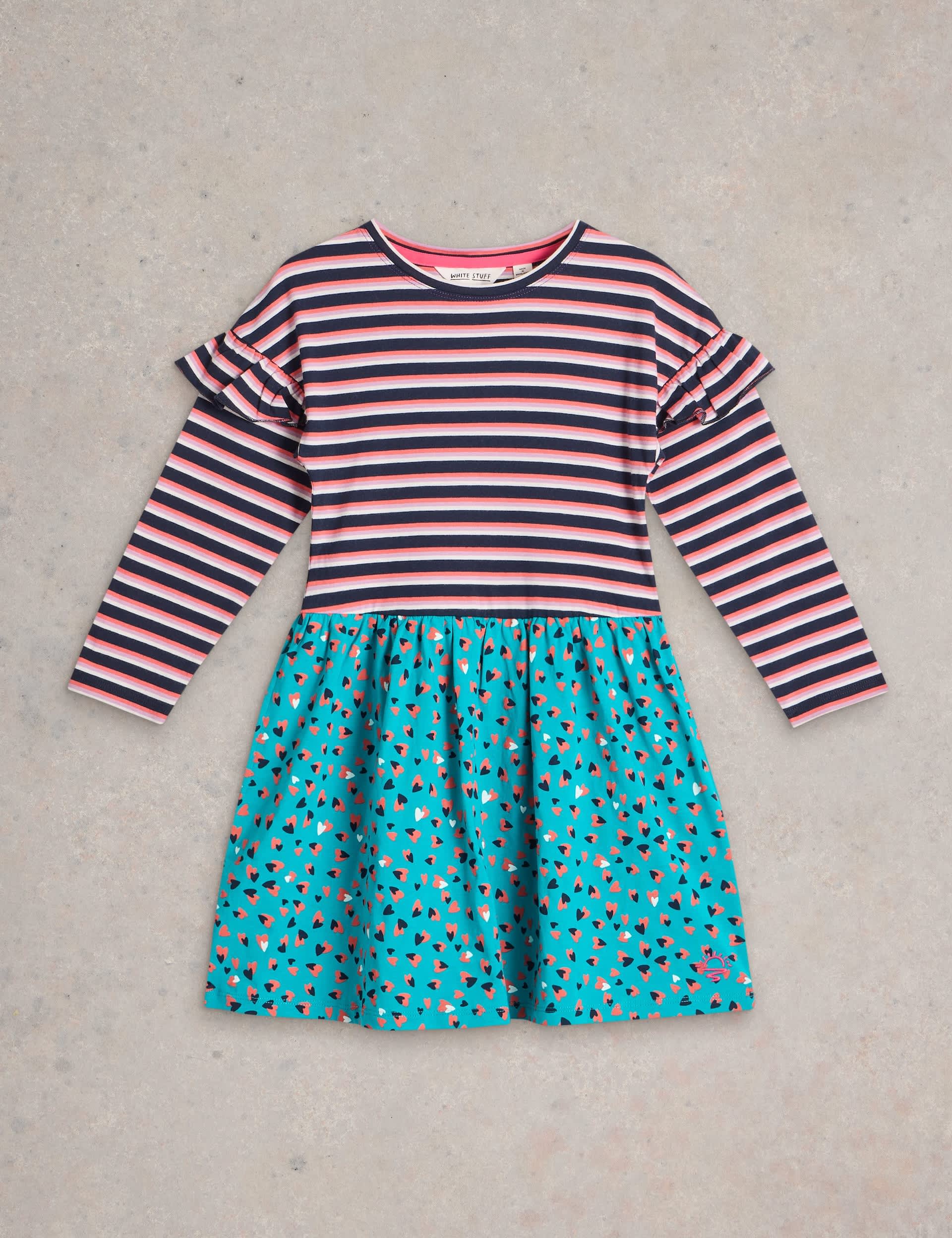 White Stuff Girls Pure Cotton Striped Heart Print Dress (3-10 Yrs) - 7-8 Y - Blue Mix, Blue Mix