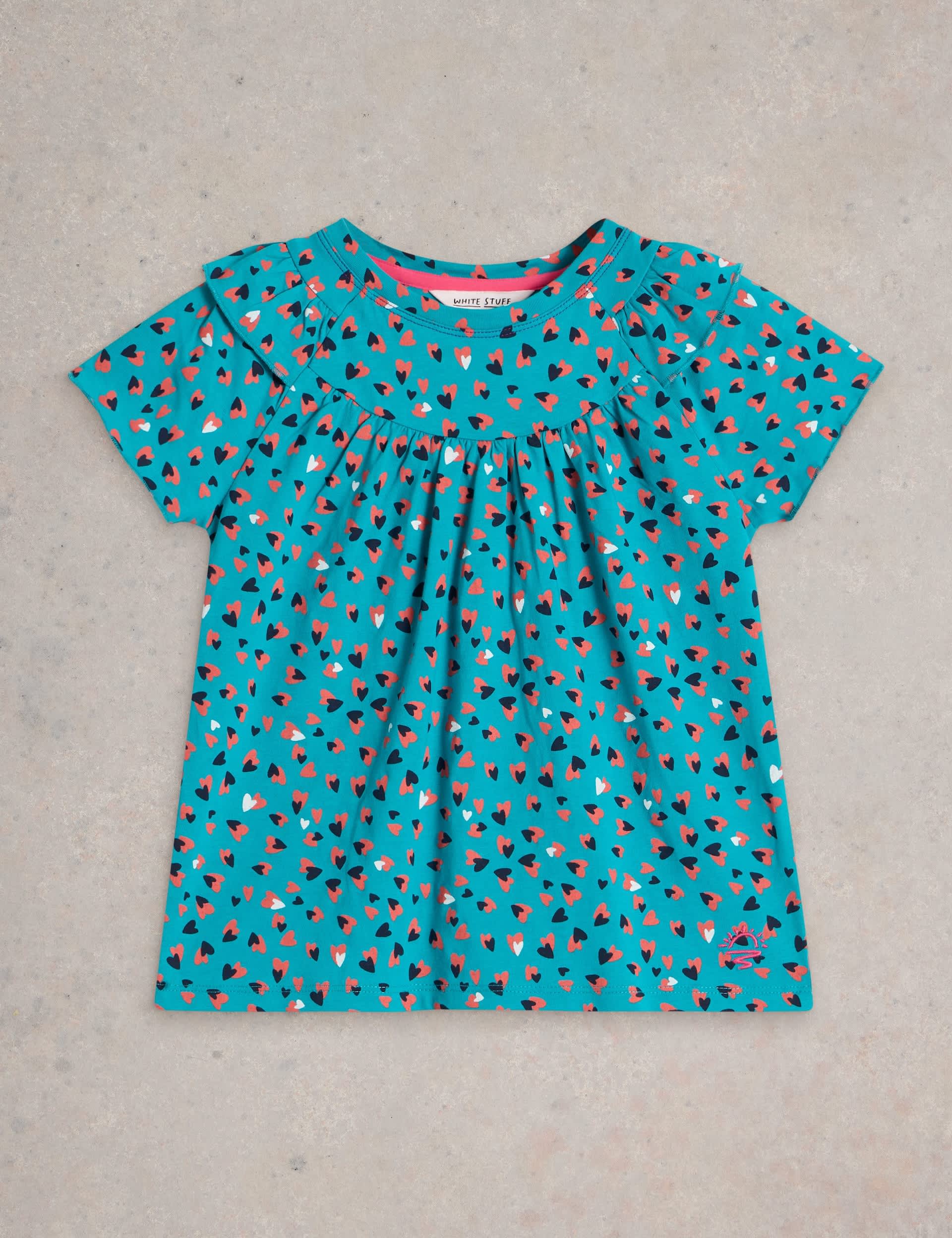 White Stuff Girls Pure Cotton Heart T-Shirt (3-10 Yrs) - 7-8 Y - Blue Mix, Blue Mix