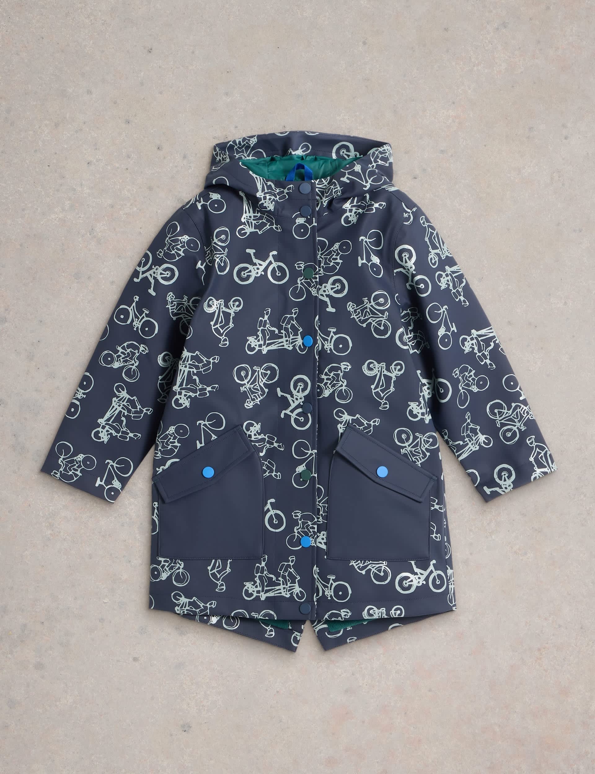 White Stuff Boys Bike Print Hooded Raincoat (3-10 Yrs) - 3-4 Y - Navy Mix, Navy Mix