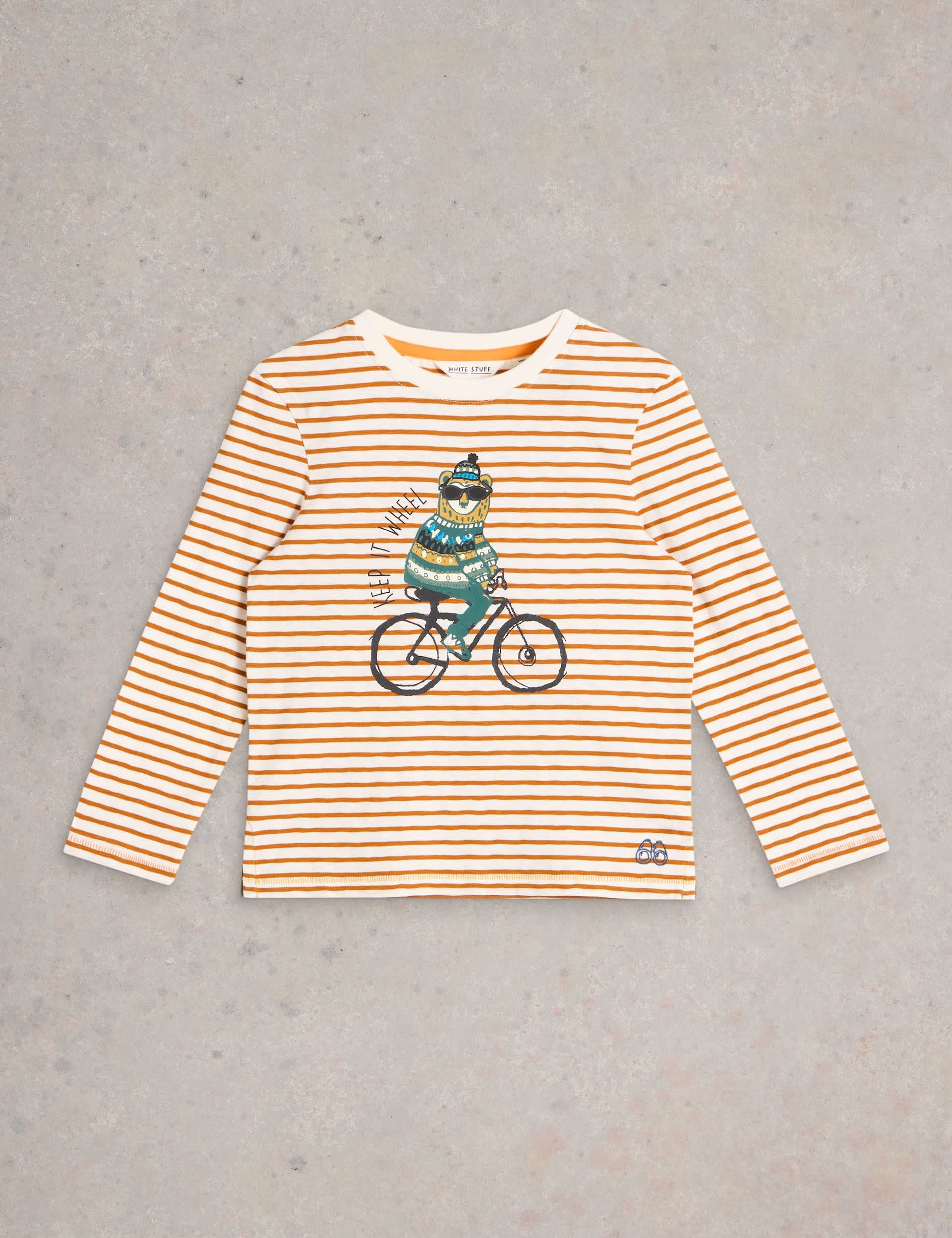 White Stuff Boys Pure Cotton Bear Striped Top (3-10 Yrs) - 5-6 Y - Natural Mix, Natural Mix