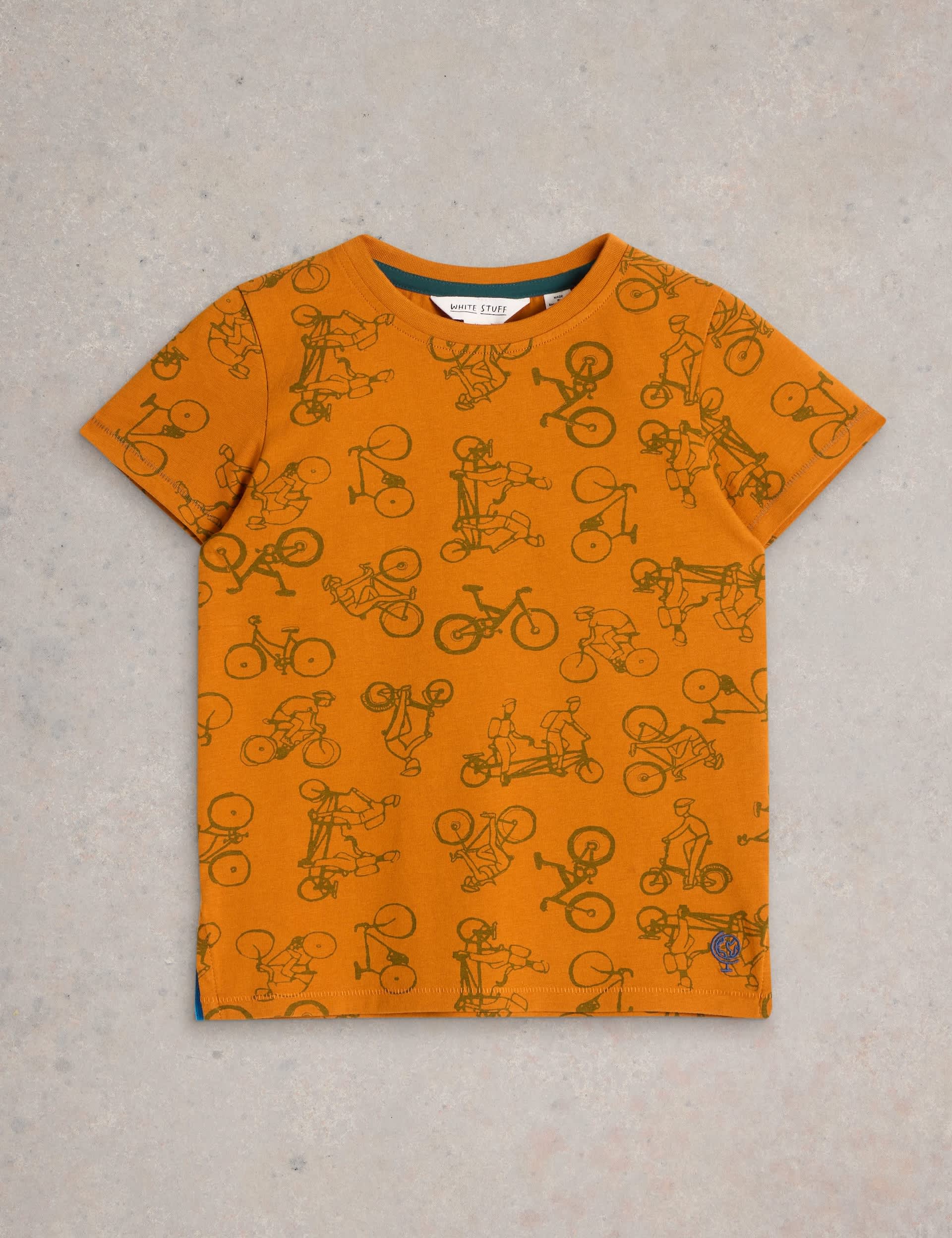 White Stuff Boys Pure Cotton Bicycle Print T-Shirt (3-10 Yrs) - 7-8 Y - Orange Mix, Orange Mix