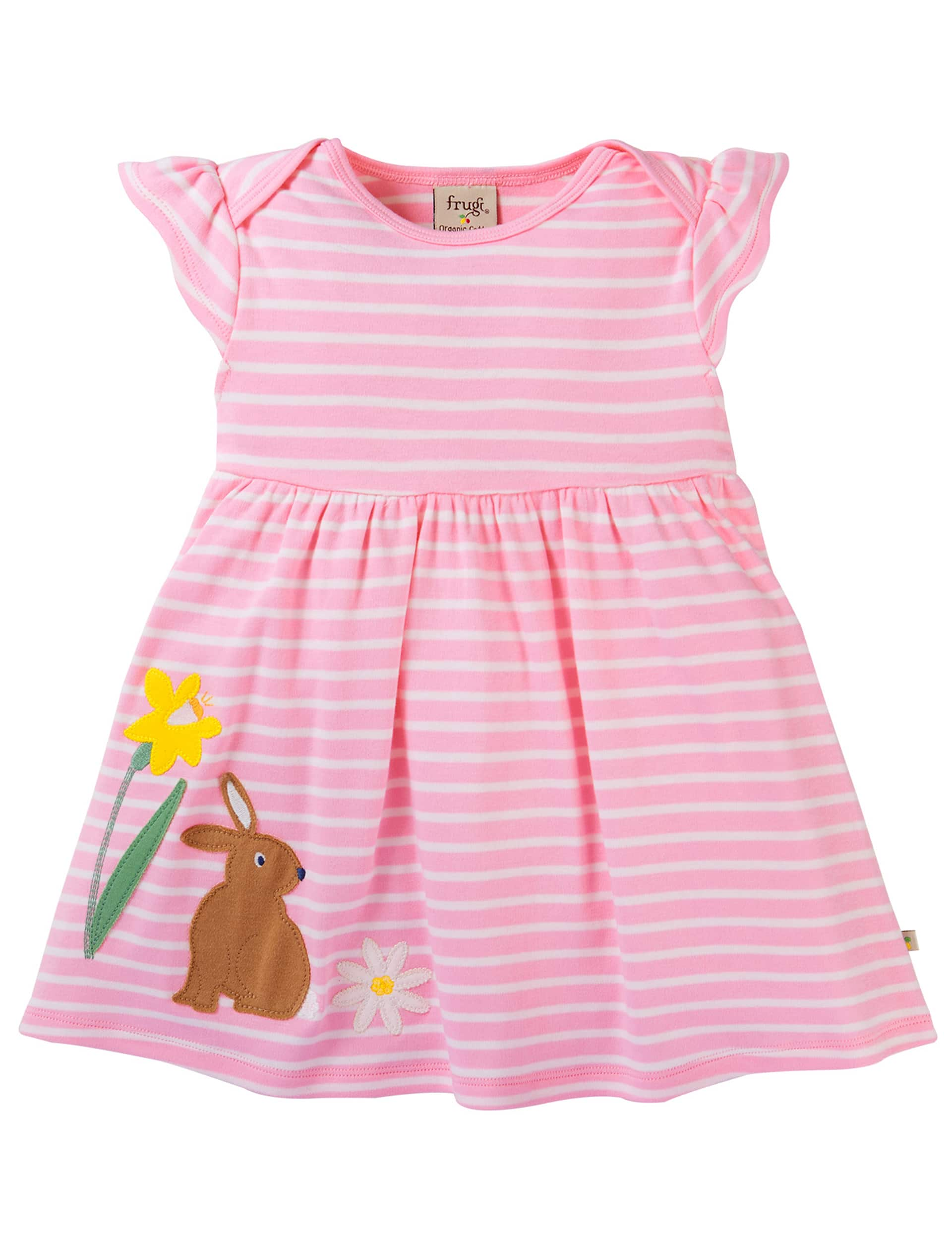 Frugi Girls Organic Cotton Rabbit Striped Dress (0-5 Yrs) - 0-3 M - Pink Mix, Pink Mix