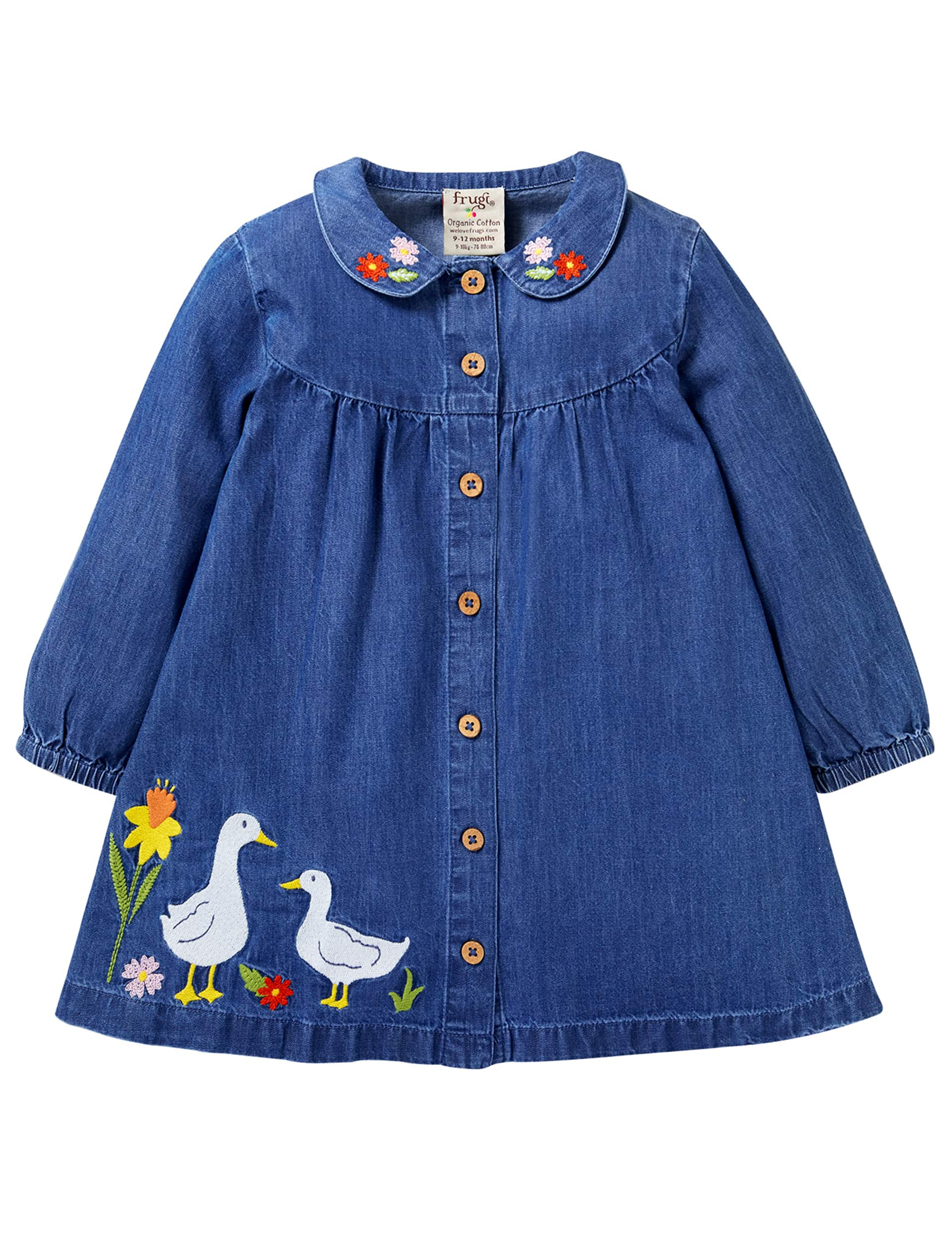 Frugi Girls Pure Cotton Embroidered Duck Dress (0-4 Yrs) - 0-3 M - Blue, Blue