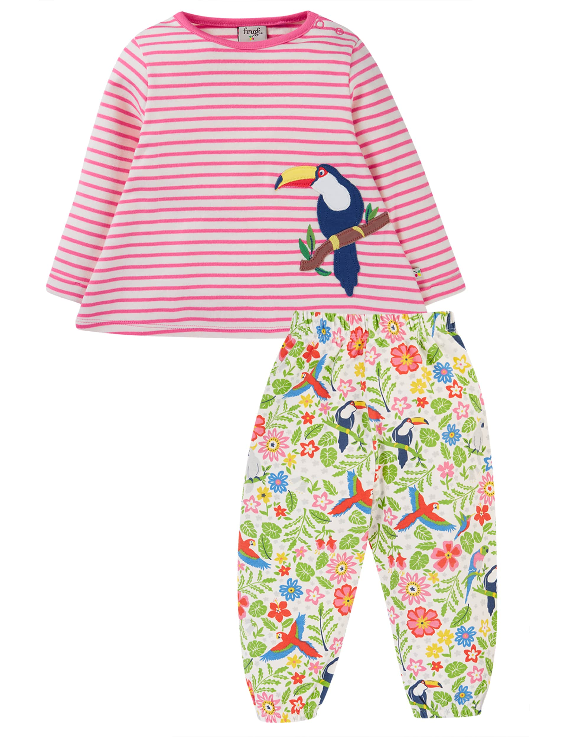 Frugi Girls 2pc Pure Cotton Striped Bird Outfit (0-2 Yrs) - 0-3 M - Pink, Pink