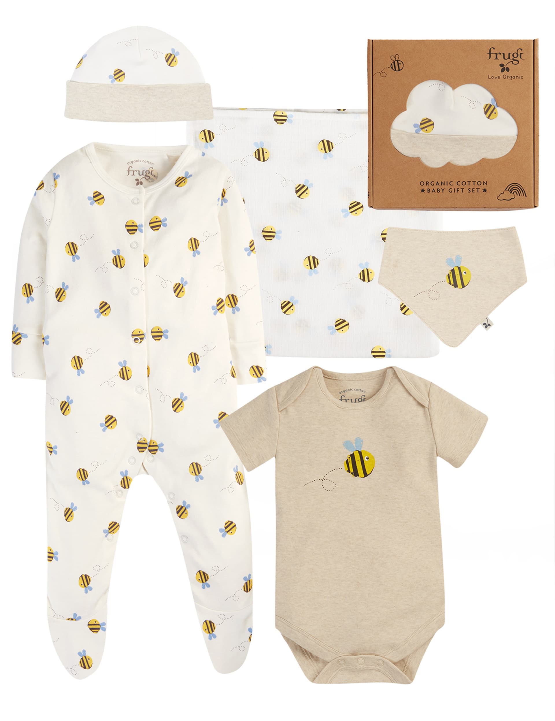 Frugi 5pc Cotton Bee Gift Set (0-12 Mths) - 6-9 M - White, White