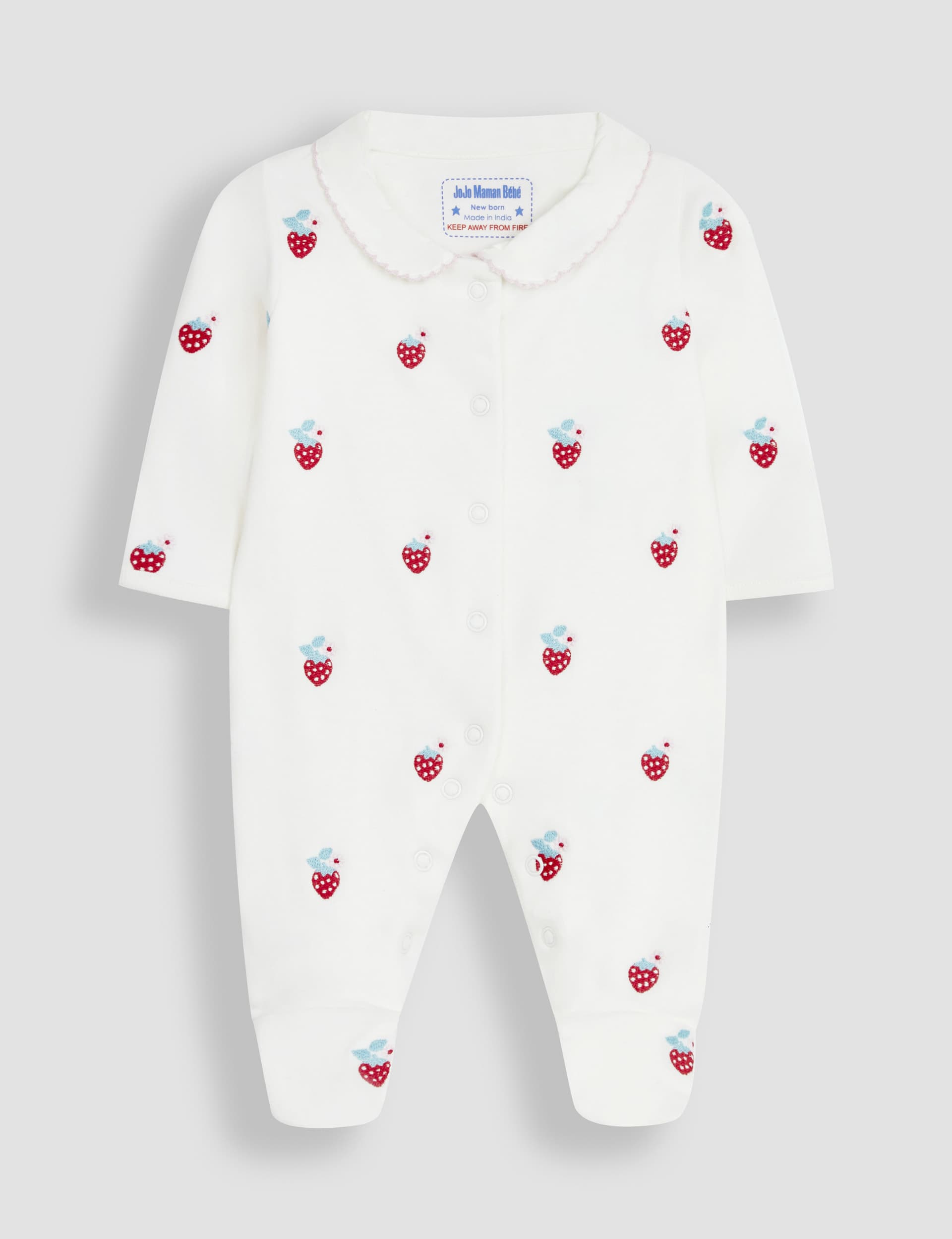 Jojo Maman Bb Girls Pure Cotton Strawberry Sleepsuit (7lbs-1 Yrs) - NB - Cream Mix, Cream Mix