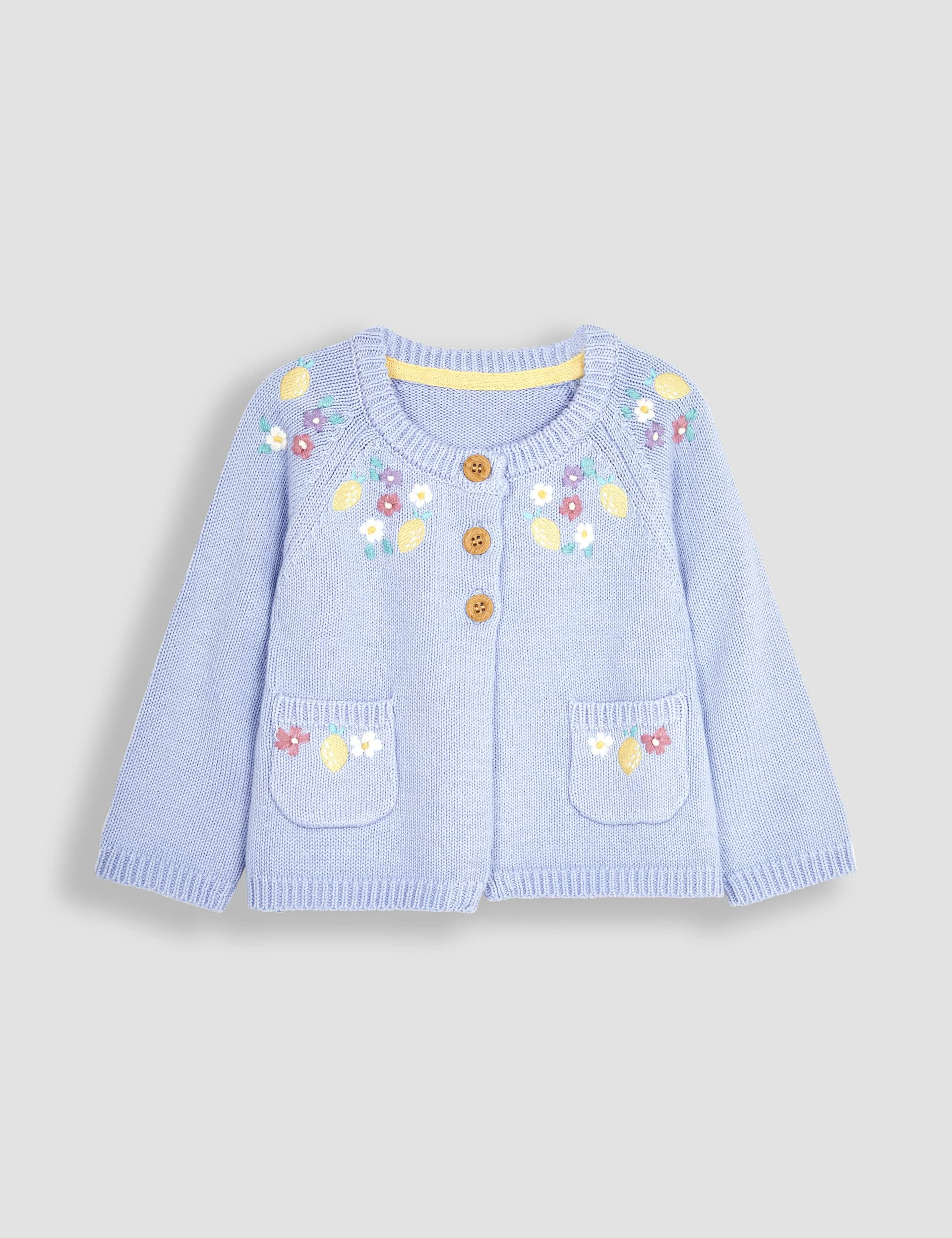 Jojo Maman Bb Girls Pure Cotton Embroidered Cardigan (6 Mths-5 Yrs) - 6-12M - Pale Blue, Pale Blue